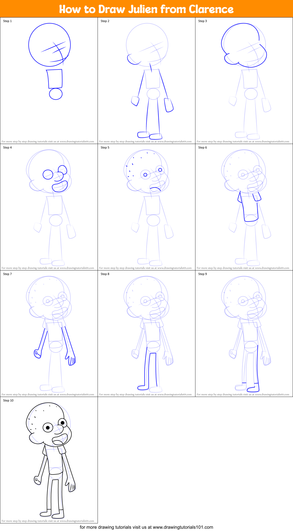 How to Draw Julien from Clarence Printable Step by Step