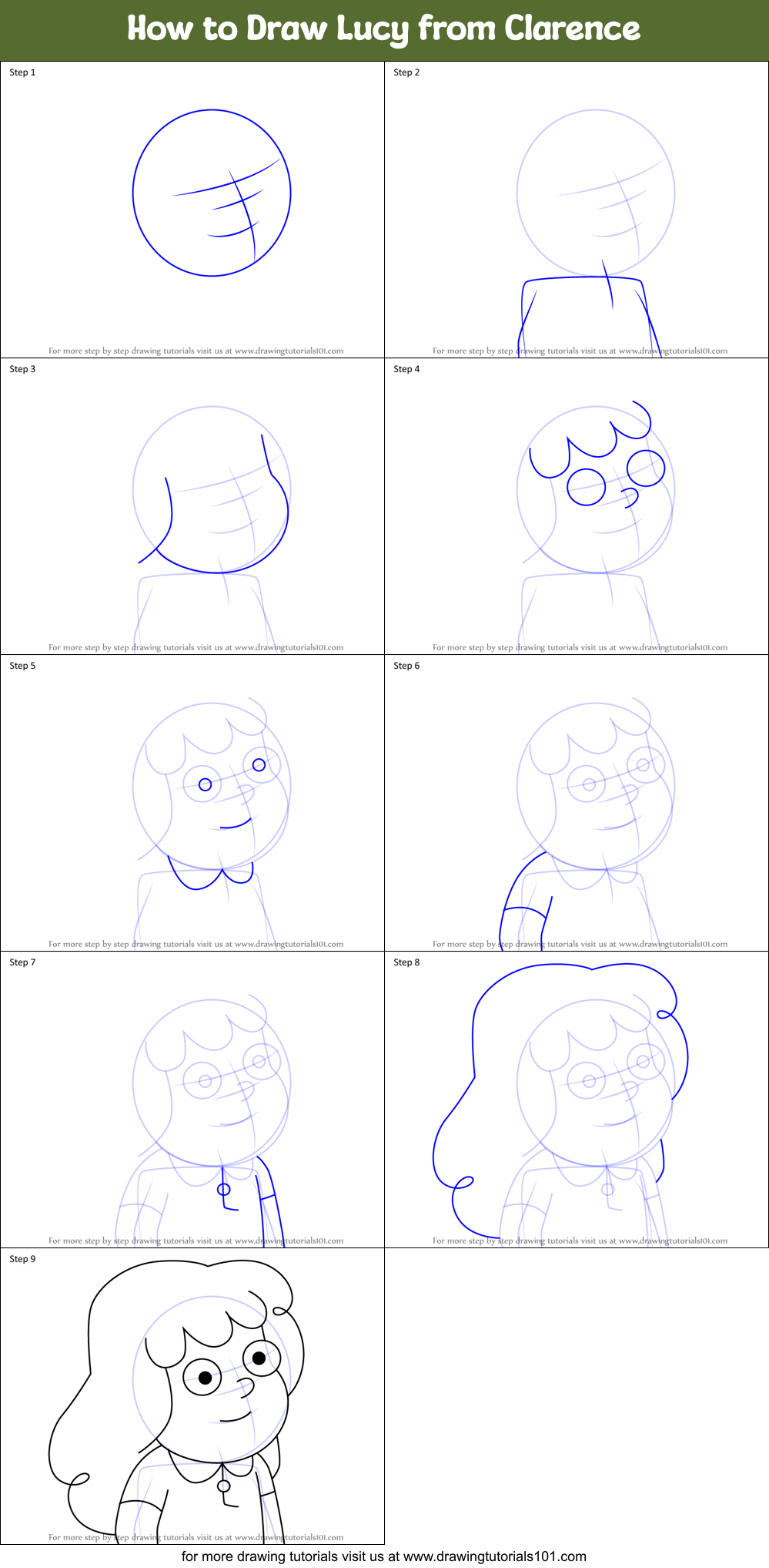 How to Draw Lucy from Clarence Printable Step by Step