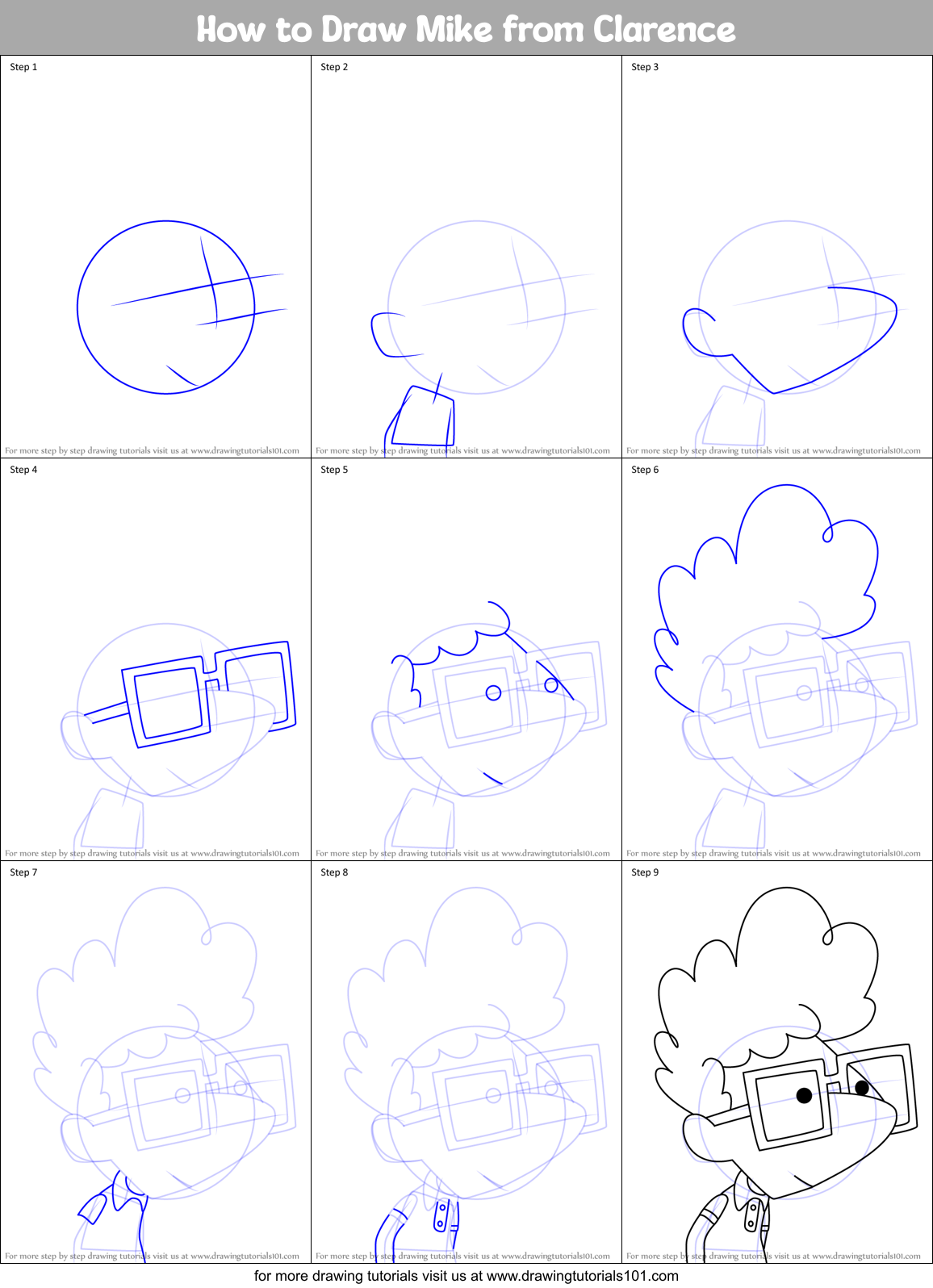 How to Draw Mike from Clarence Printable Step by Step