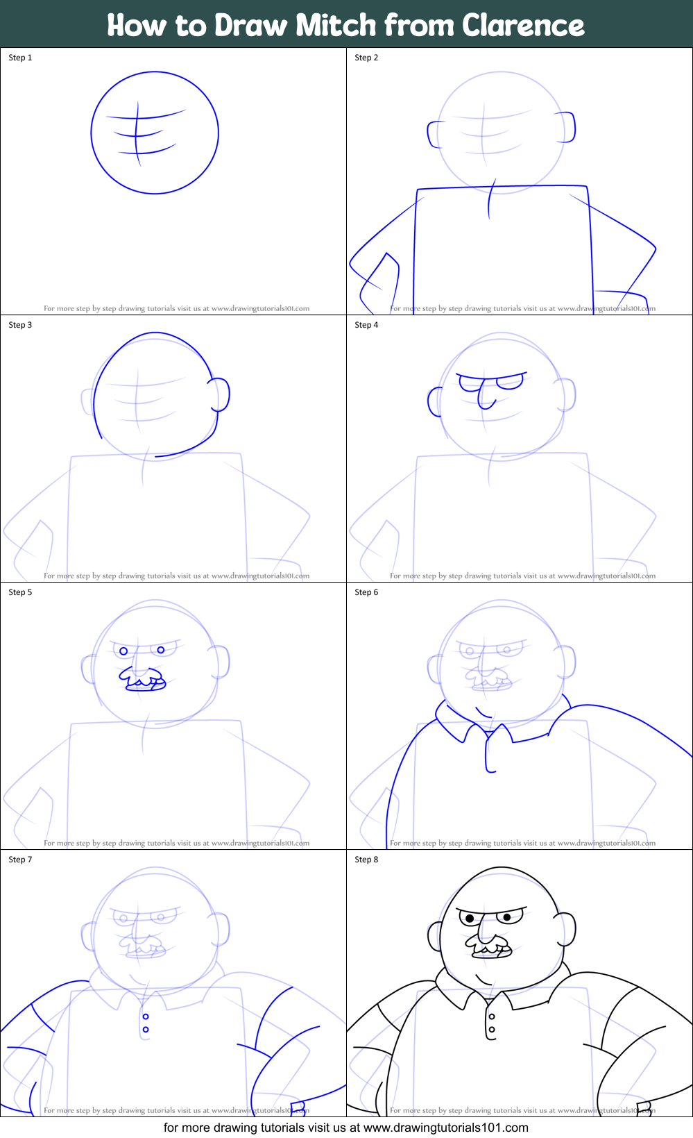 How to Draw Mitch from Clarence Printable Step by Step
