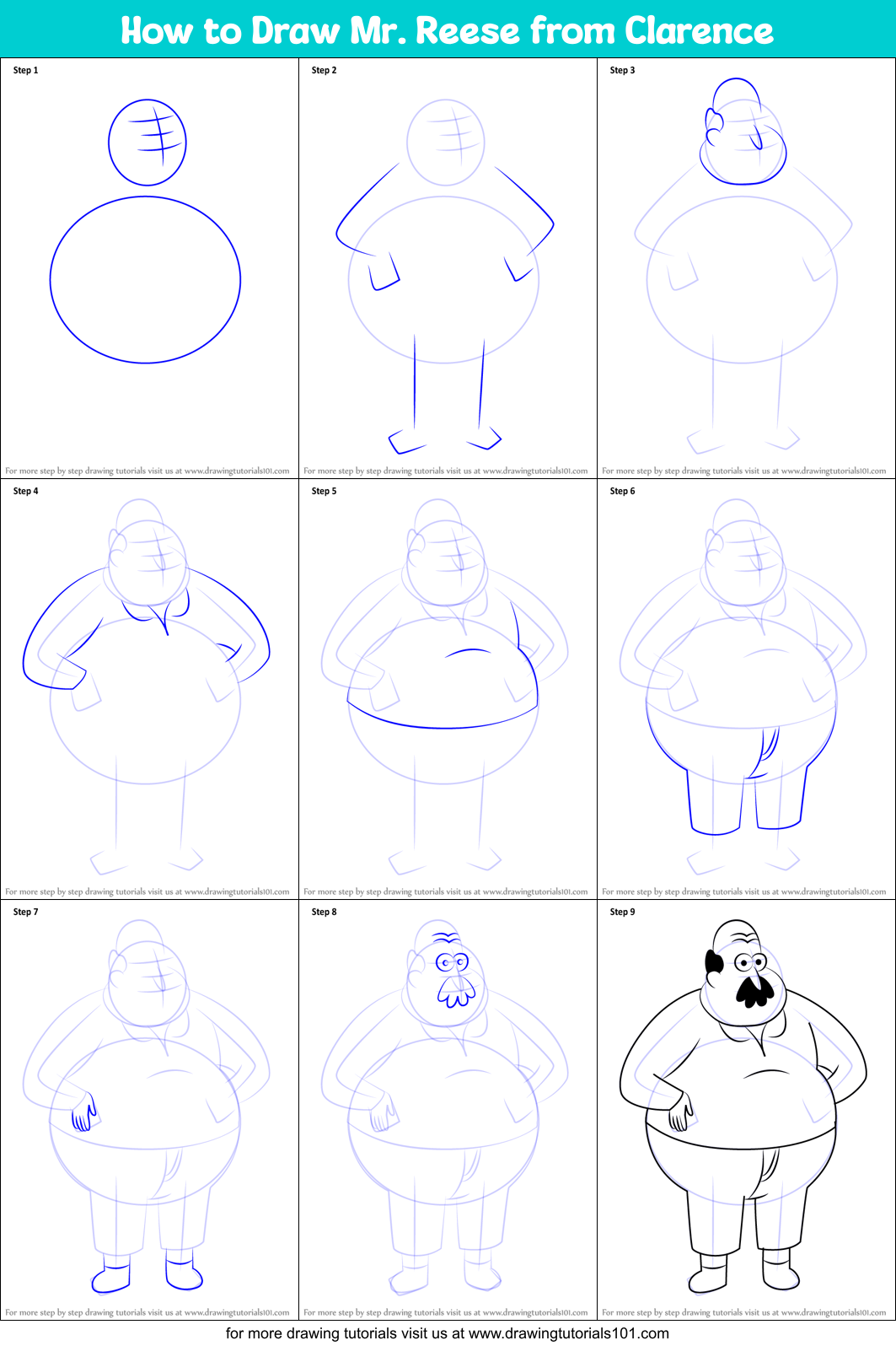 How to Draw Mr. Reese from Clarence Printable Step by Step