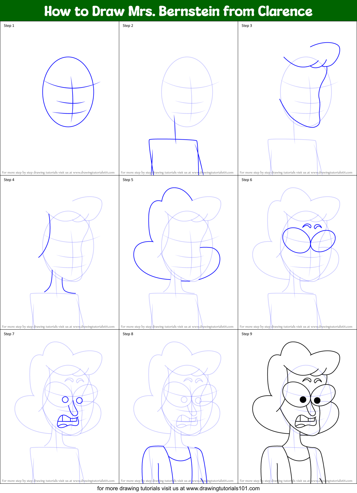 How to Draw Mrs. Bernstein from Clarence Printable Step by Step