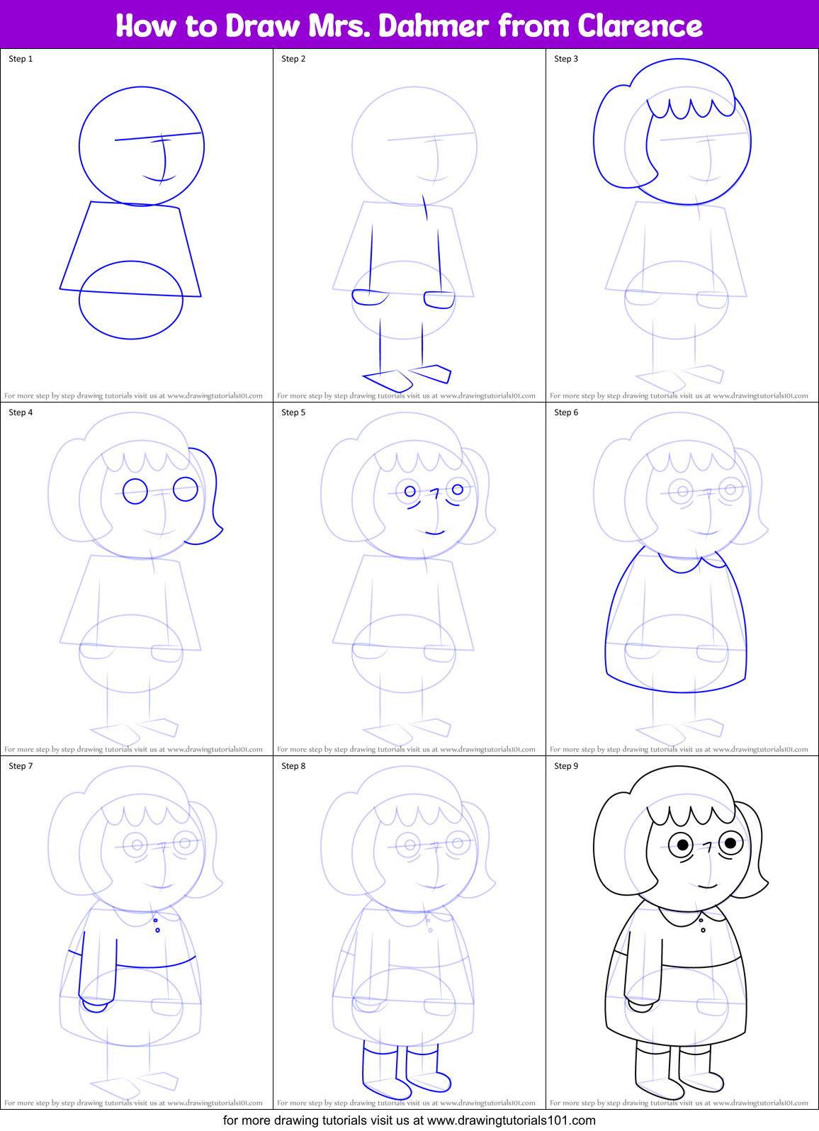 How to Draw Mrs. Dahmer from Clarence Printable Step by Step