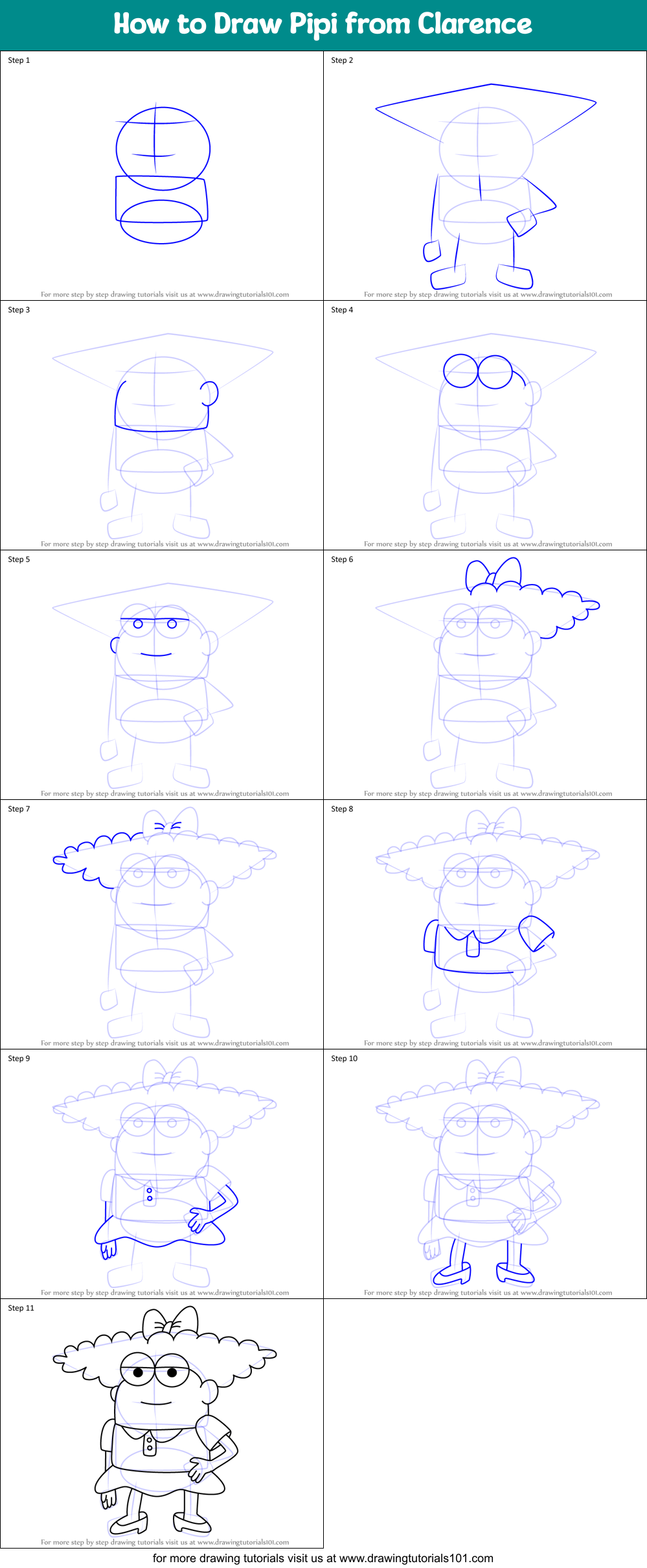 How to Draw Pipi from Clarence Printable Step by Step