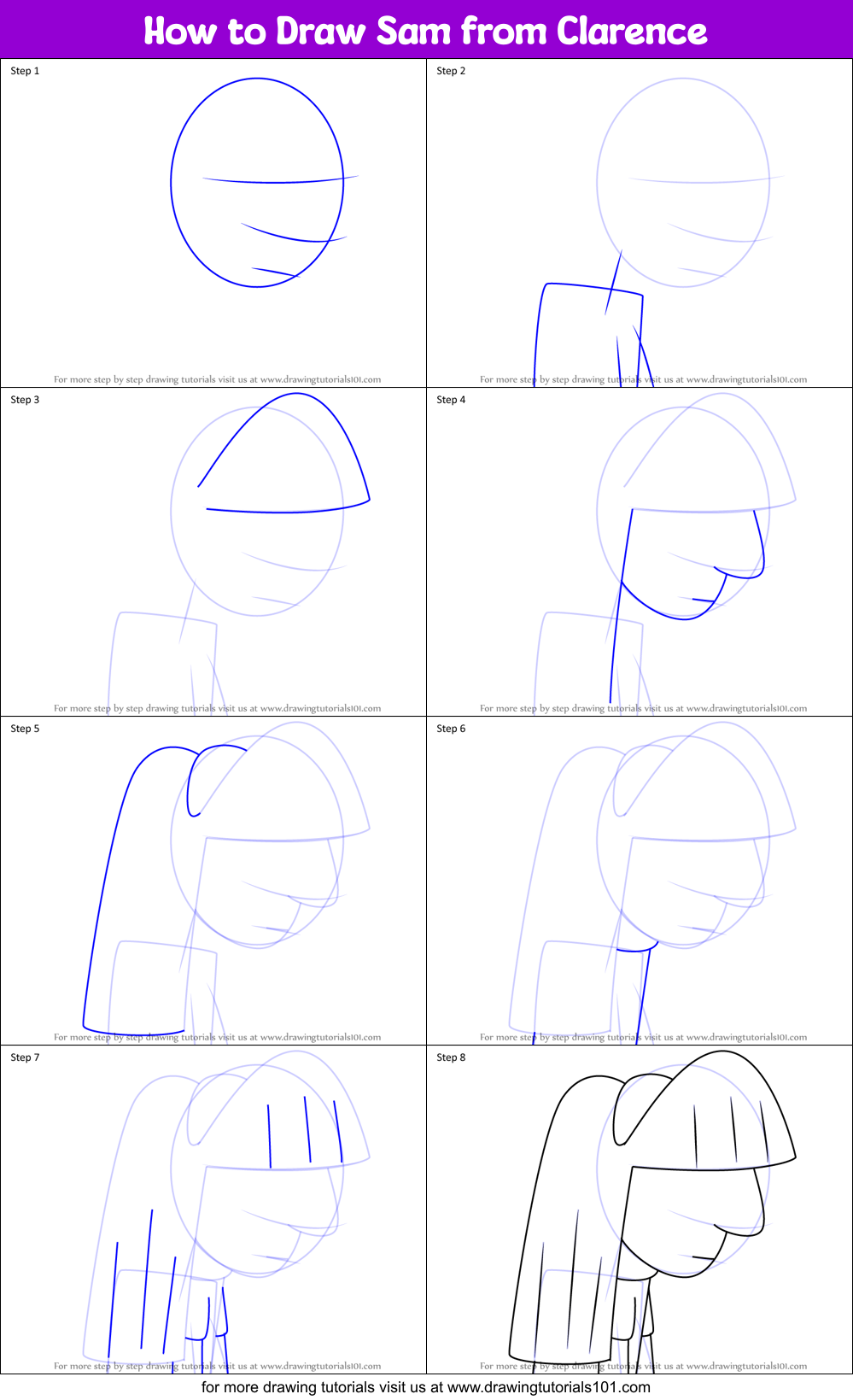 How to Draw Sam from Clarence Printable Step by Step