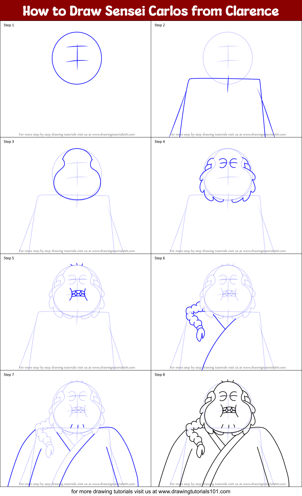How to Draw Sensei Carlos from Clarence Printable Step by Step