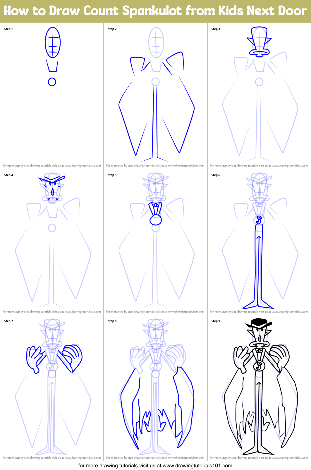 How to Draw Count Spankulot from Kids Next Door Printable Step by Step