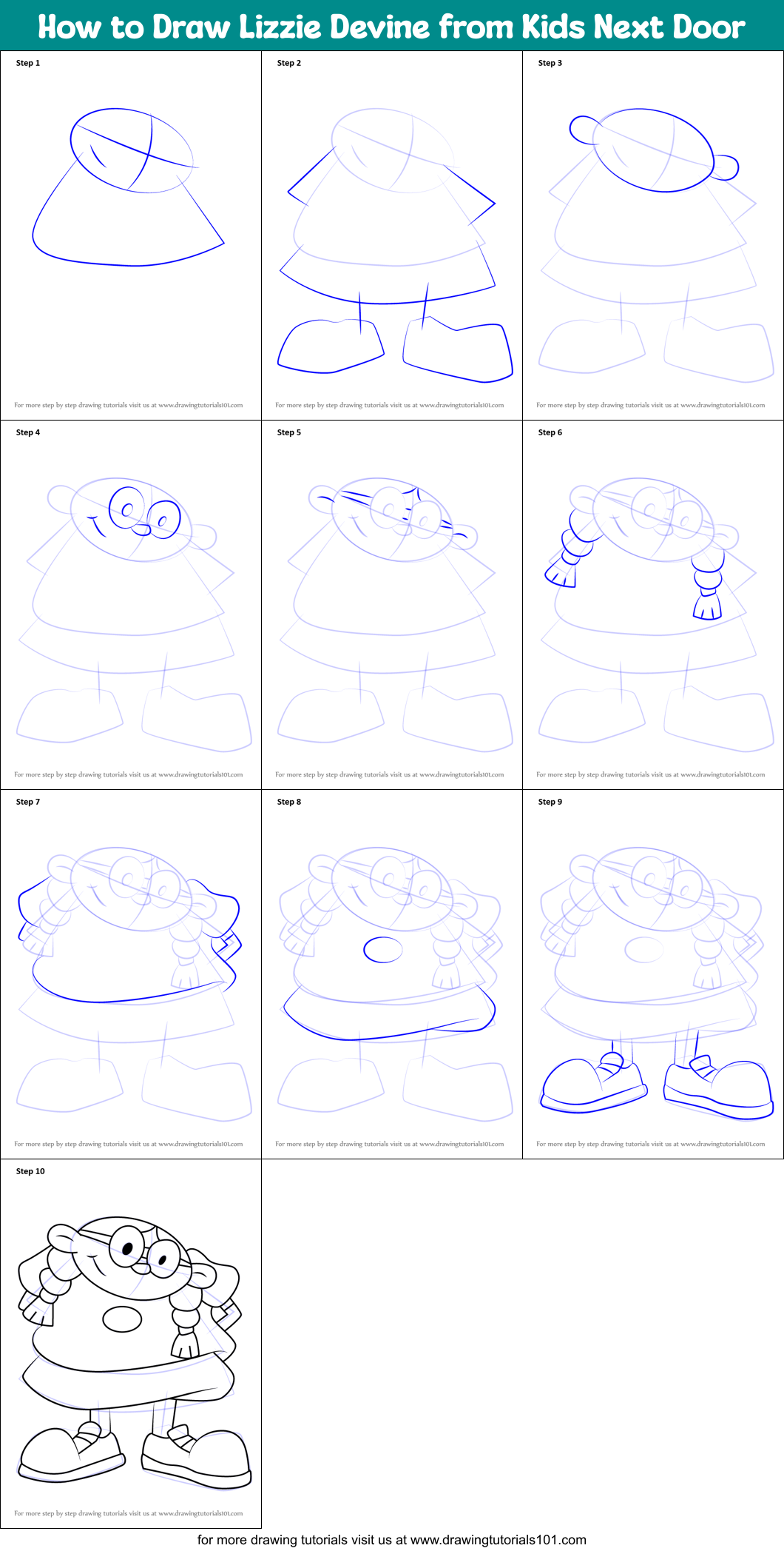 How to Draw Lizzie Devine from Kids Next Door Printable Step by Step
