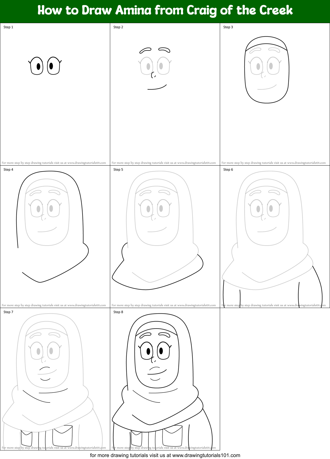 How to Draw Amina from Craig of the Creek Printable Step by Step