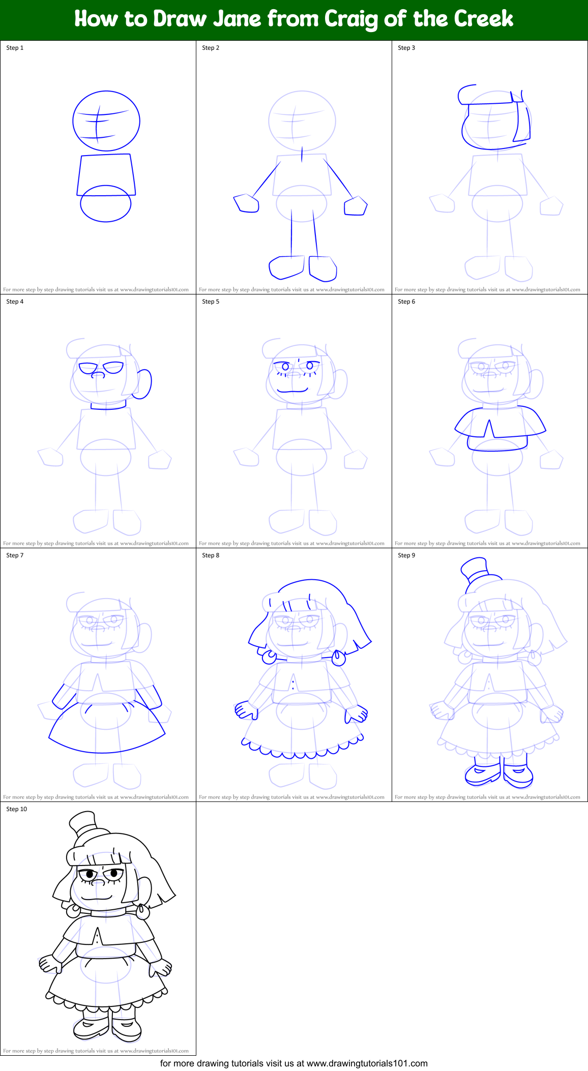 How to Draw Jane from Craig of the Creek Printable Step by Step