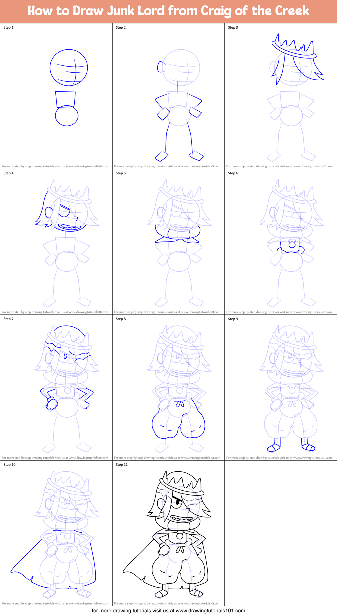 How to Draw Junk Lord from Craig of the Creek Printable Step by Step