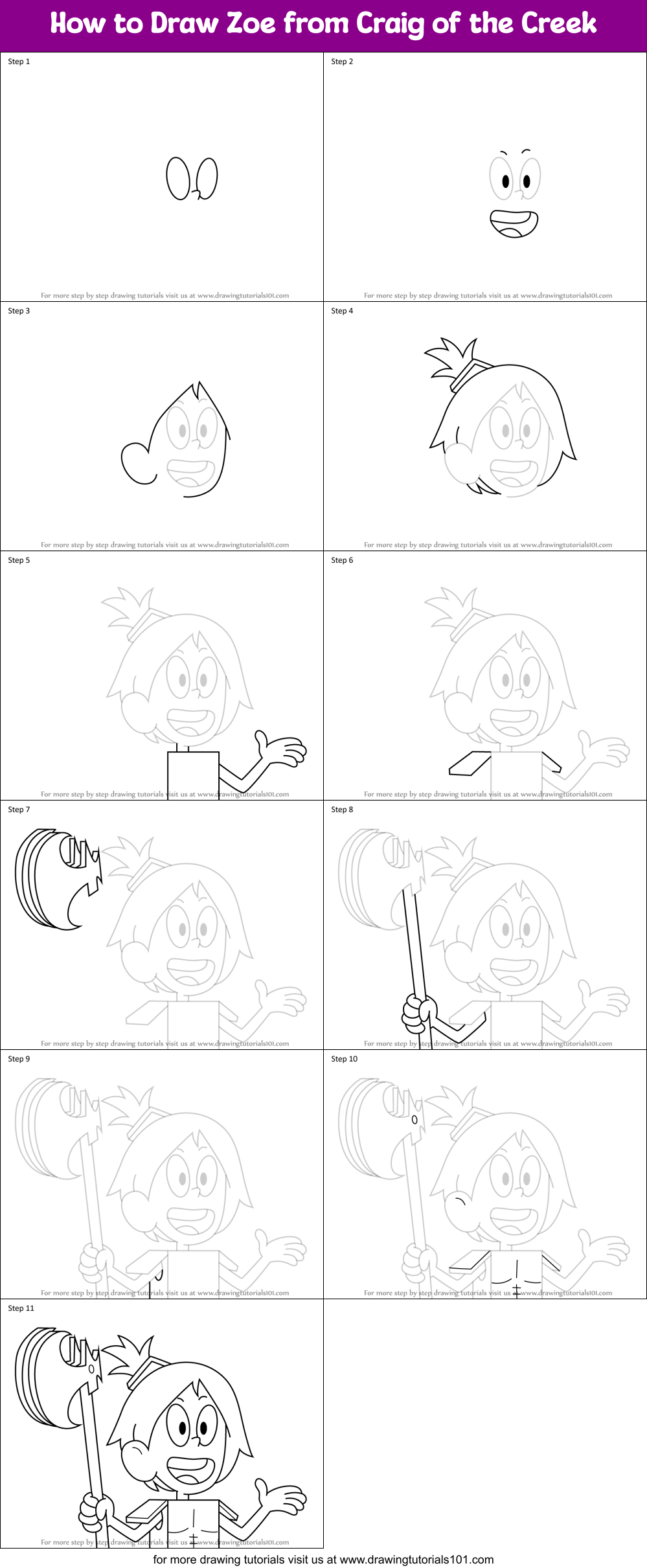 How to Draw Zoe from Craig of the Creek Printable Step by Step