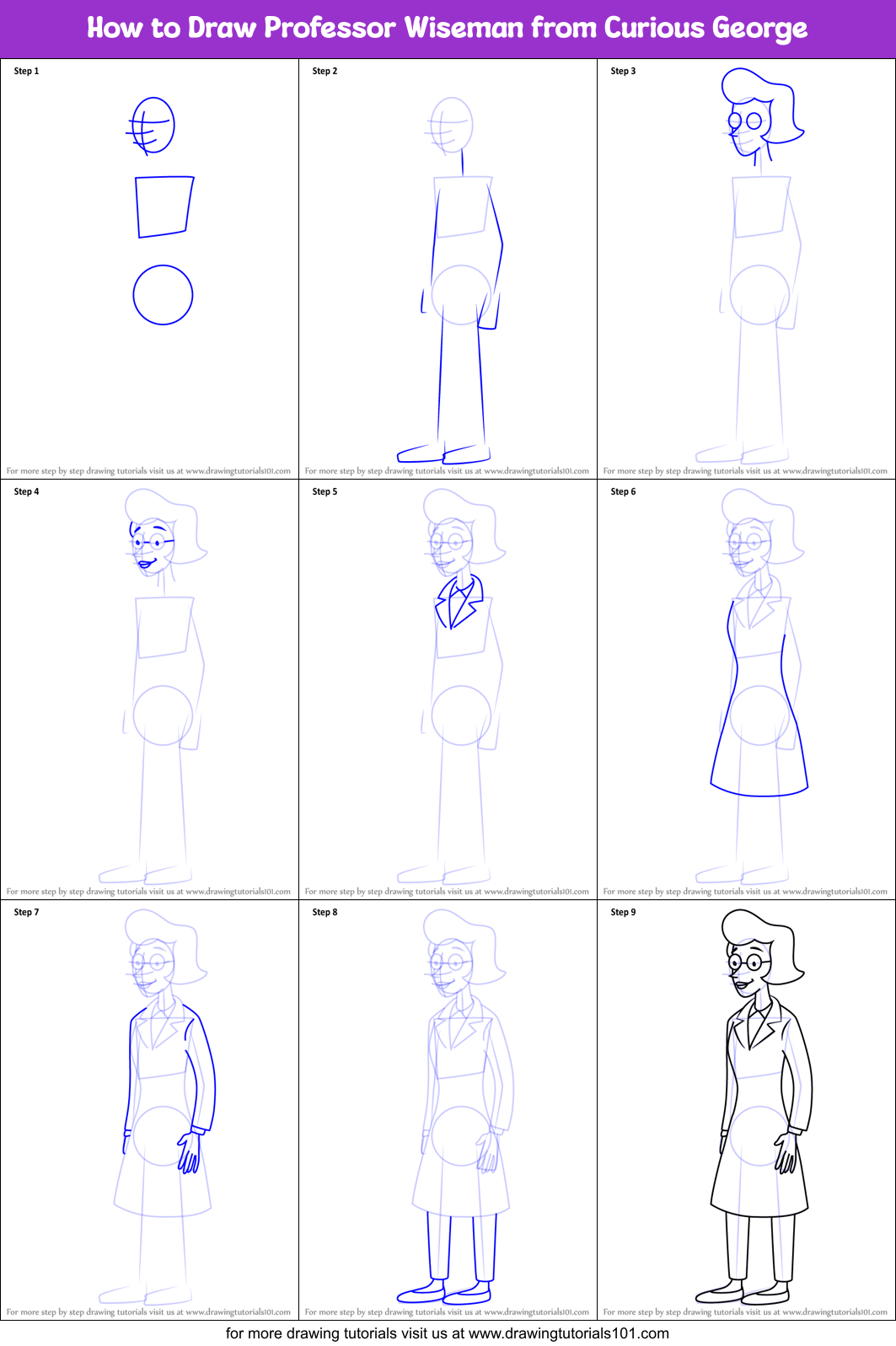 How to Draw Professor Wiseman from Curious George Printable Step by Step