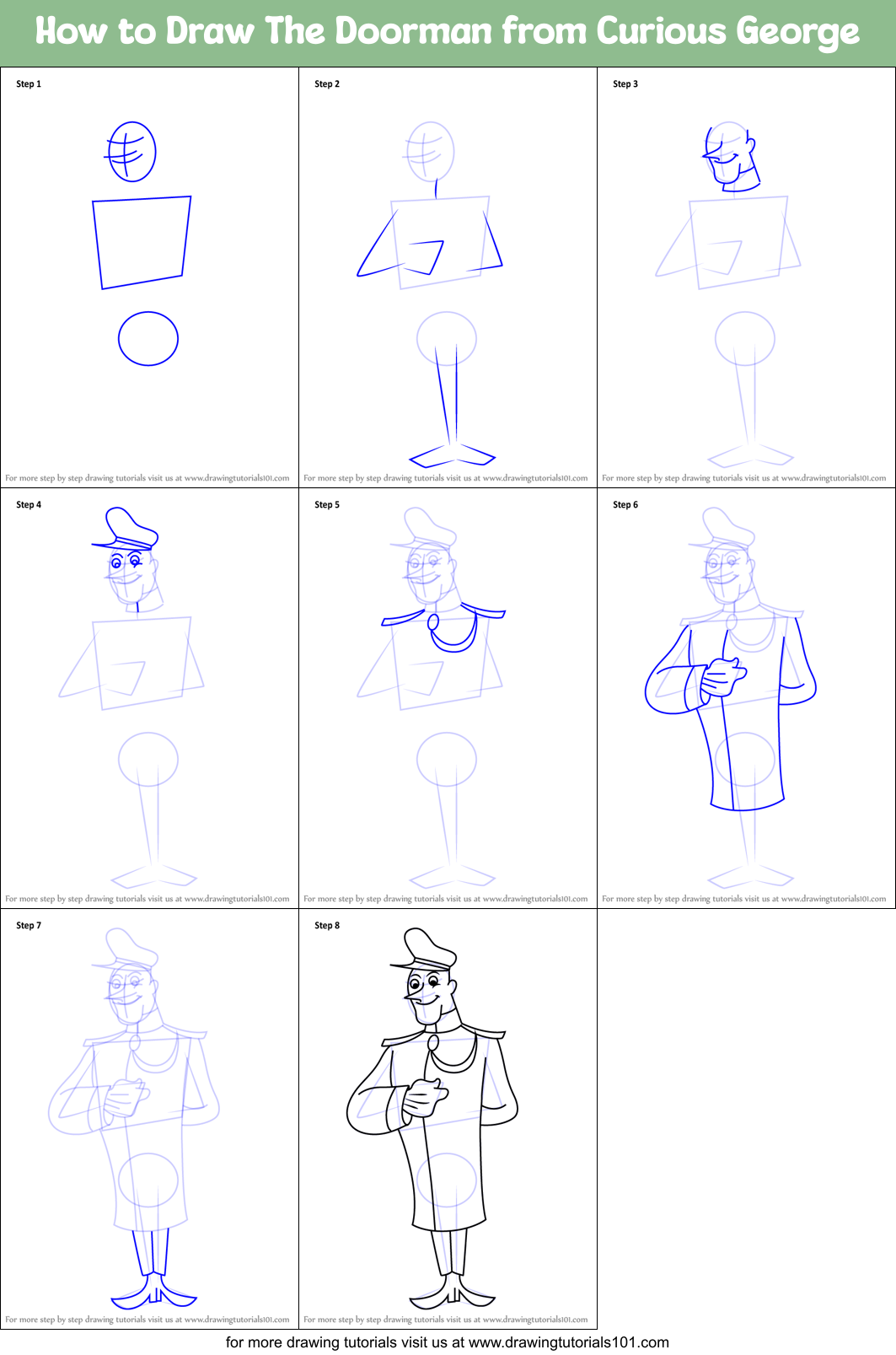 How to Draw The Doorman from Curious George Printable Step by Step