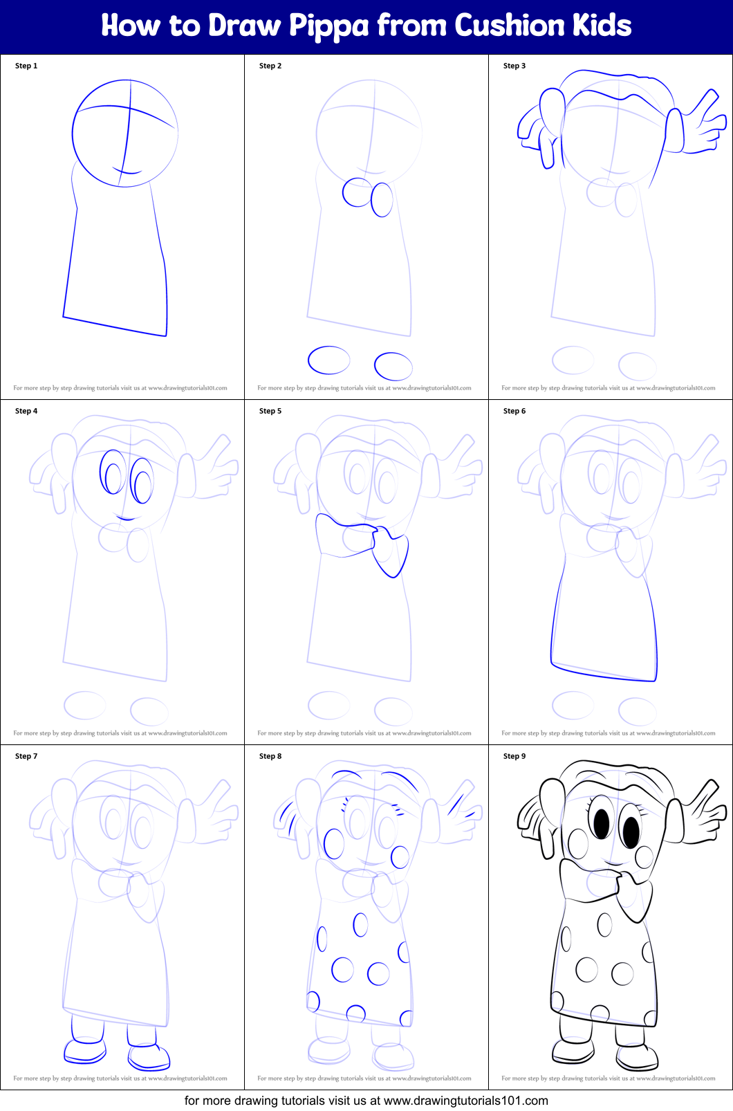 How to Draw Pippa from Cushion Kids Printable Step by Step
