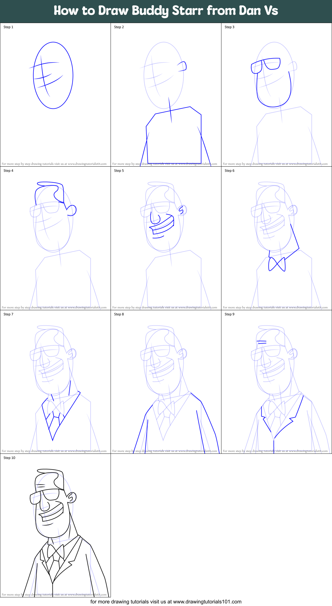 How to Draw Buddy Starr from Dan Vs Printable Step by Step