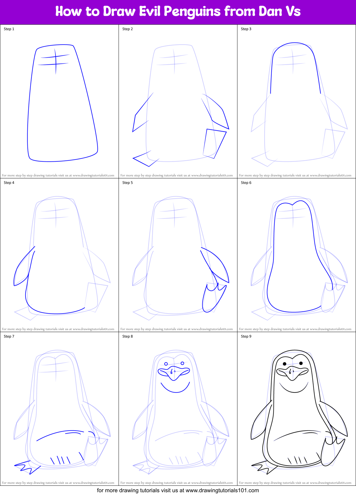 How to Draw Evil Penguins from Dan Vs Printable Step by Step