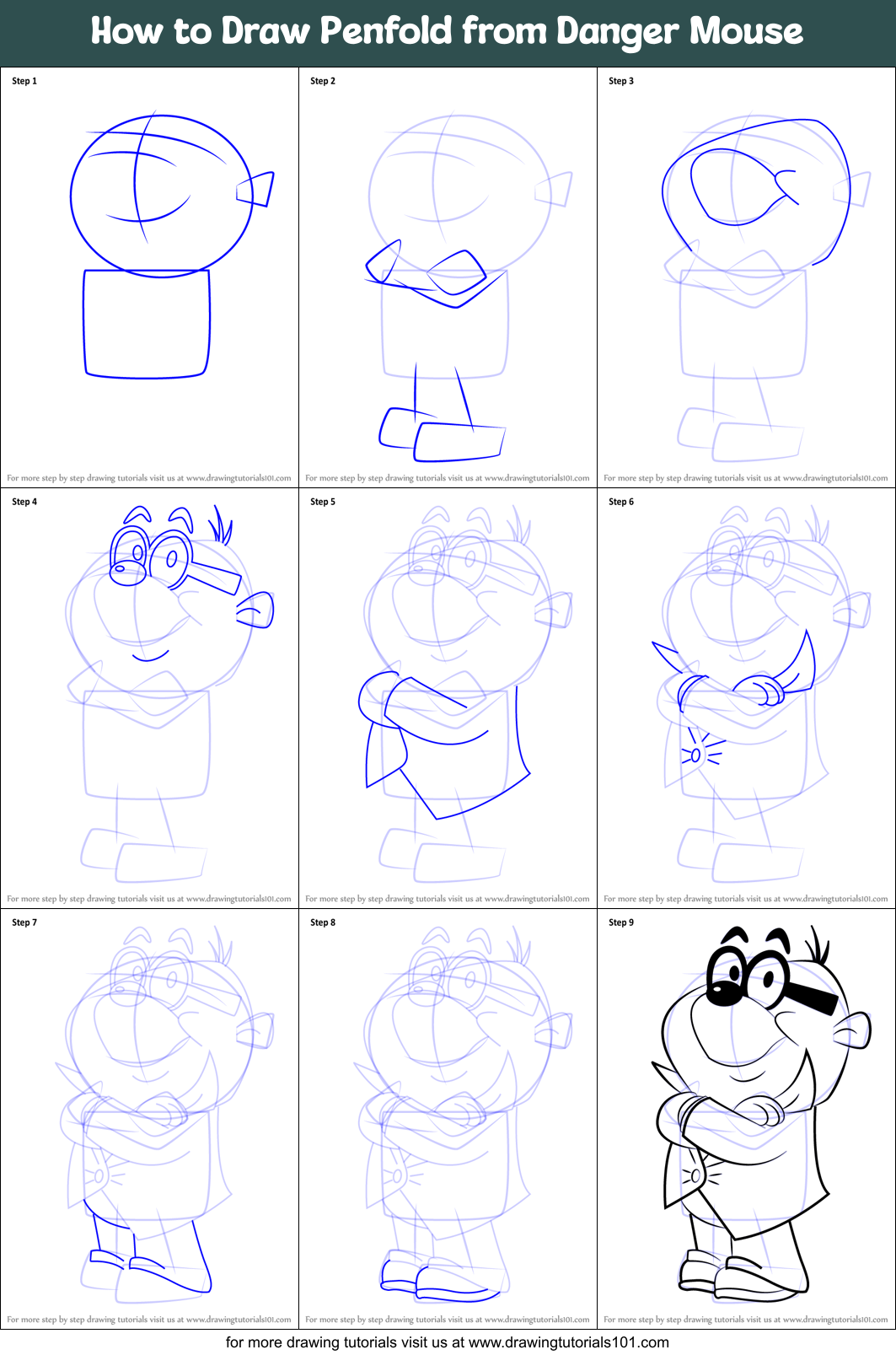 How to Draw Penfold from Danger Mouse Printable Step by Step