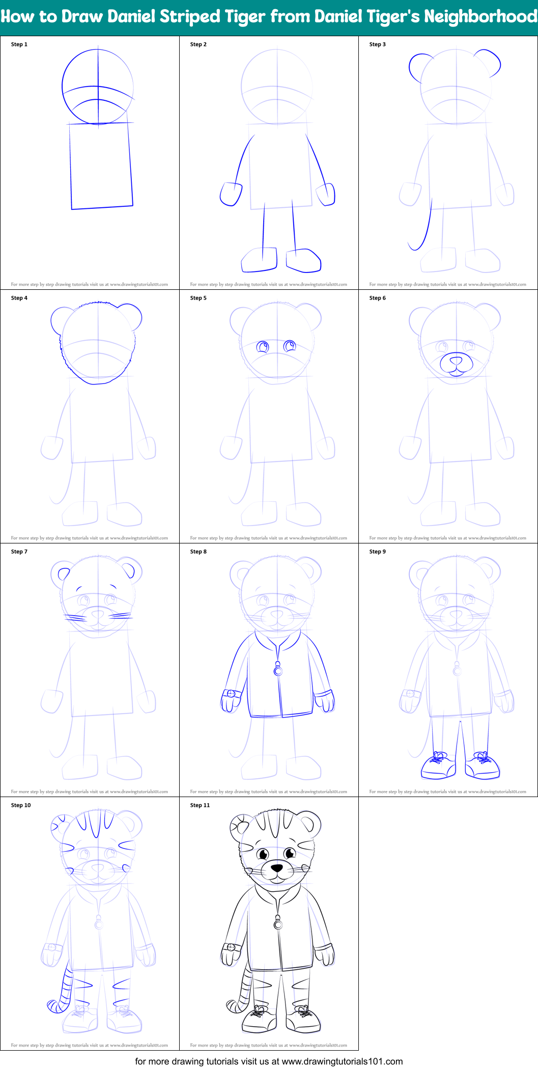 How to Draw Daniel Striped Tiger from Daniel Tiger's Neighborhood Printable Step by Step
