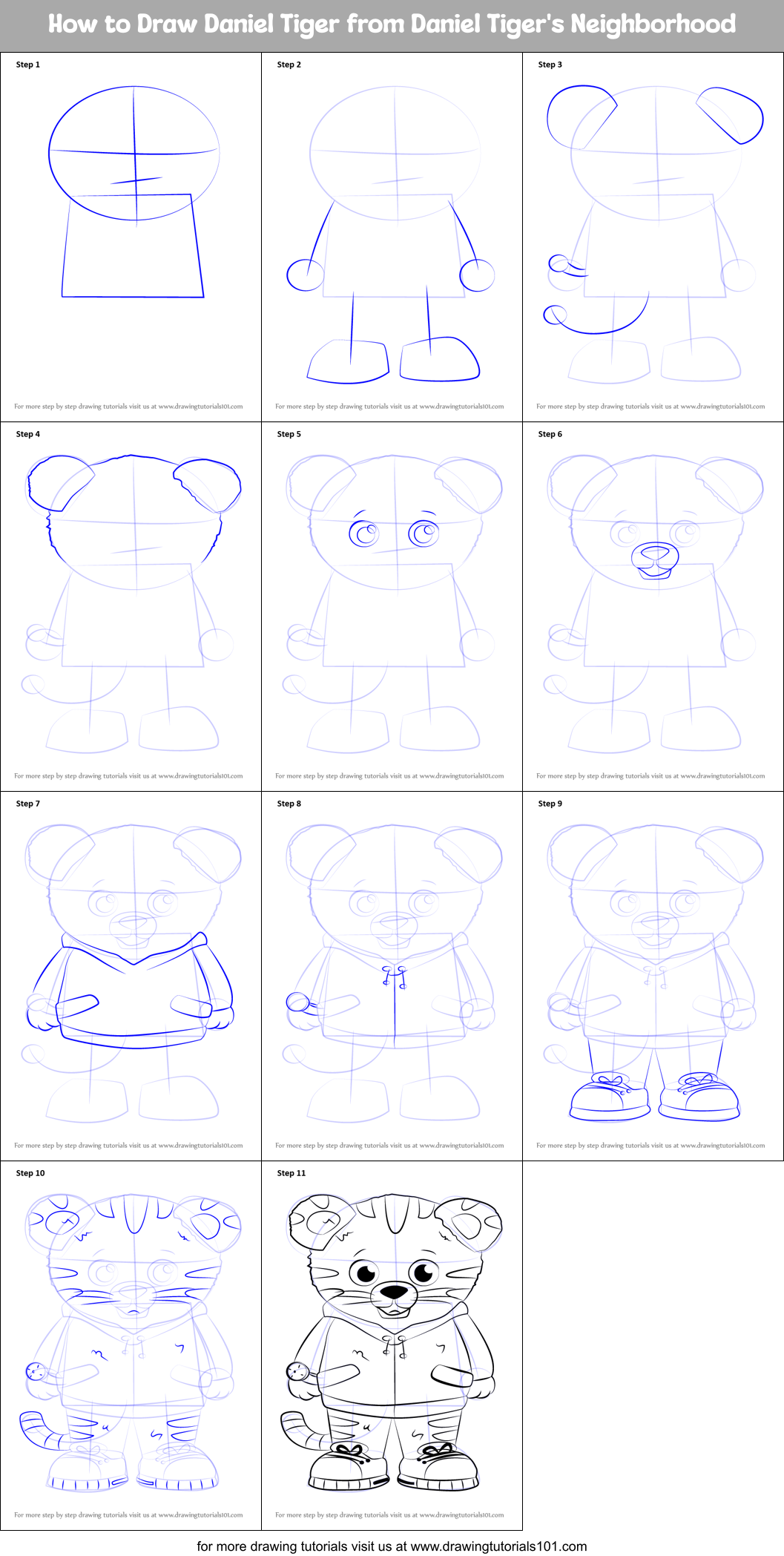 How to Draw Daniel Tiger from Daniel Tiger's Neighborhood Printable Step by Step