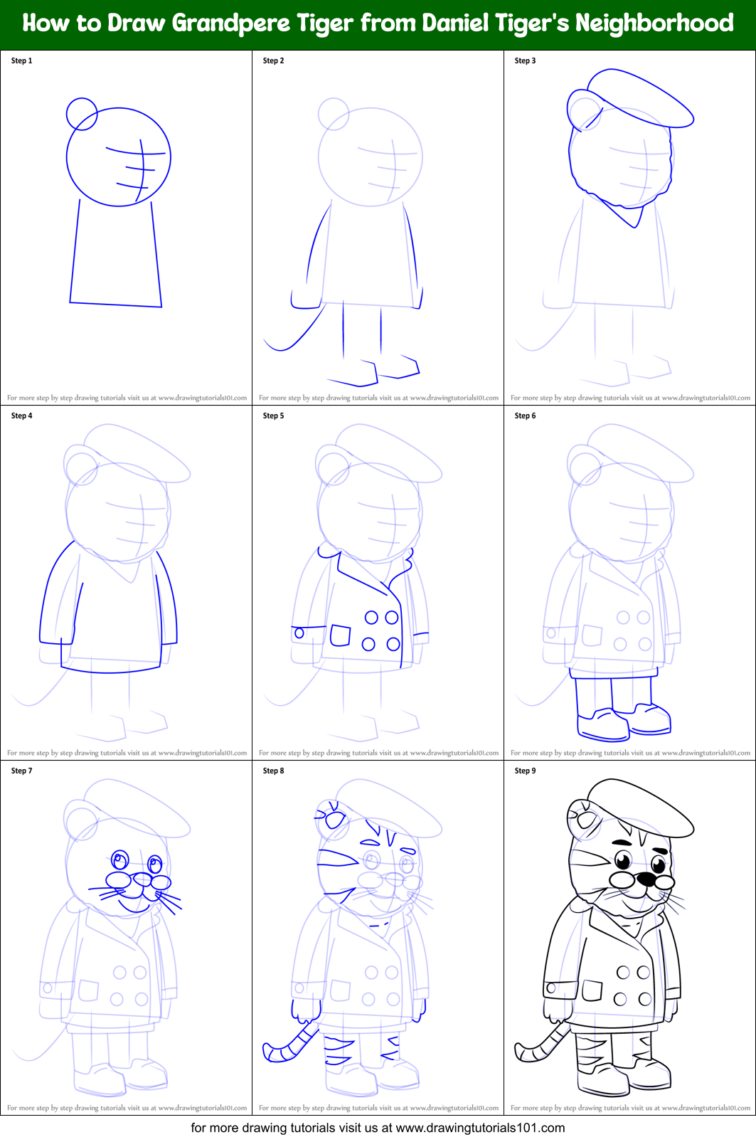 How to Draw Grandpere Tiger from Daniel Tiger's Neighborhood Printable Step by Step