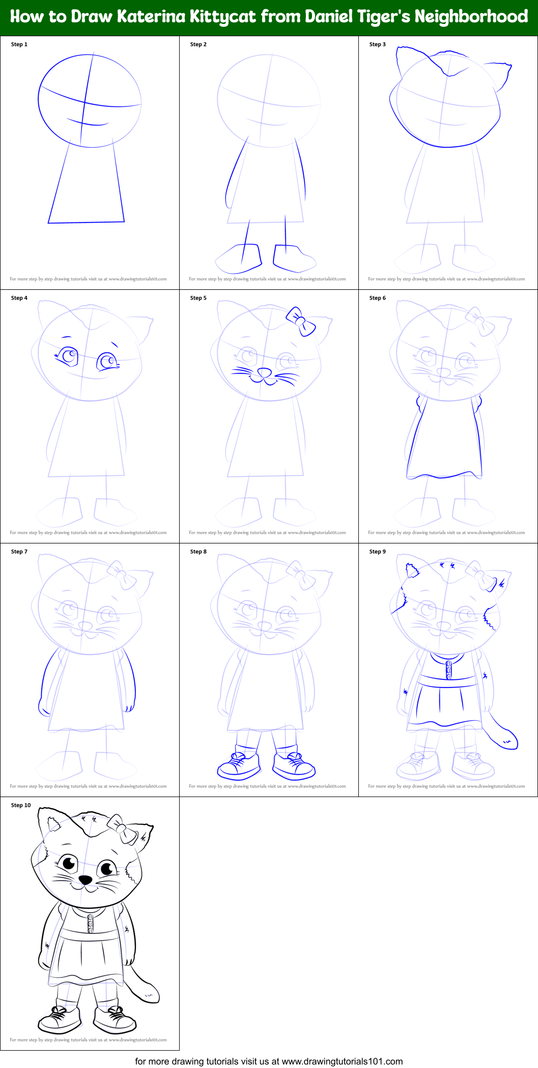 How to Draw Katerina Kittycat from Daniel Tiger's Neighborhood Printable Step by Step