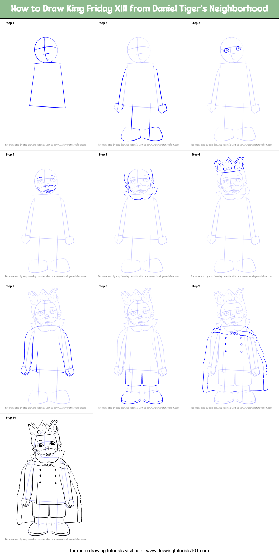 How to Draw King Friday XIII from Daniel Tiger's Neighborhood Printable Step by Step