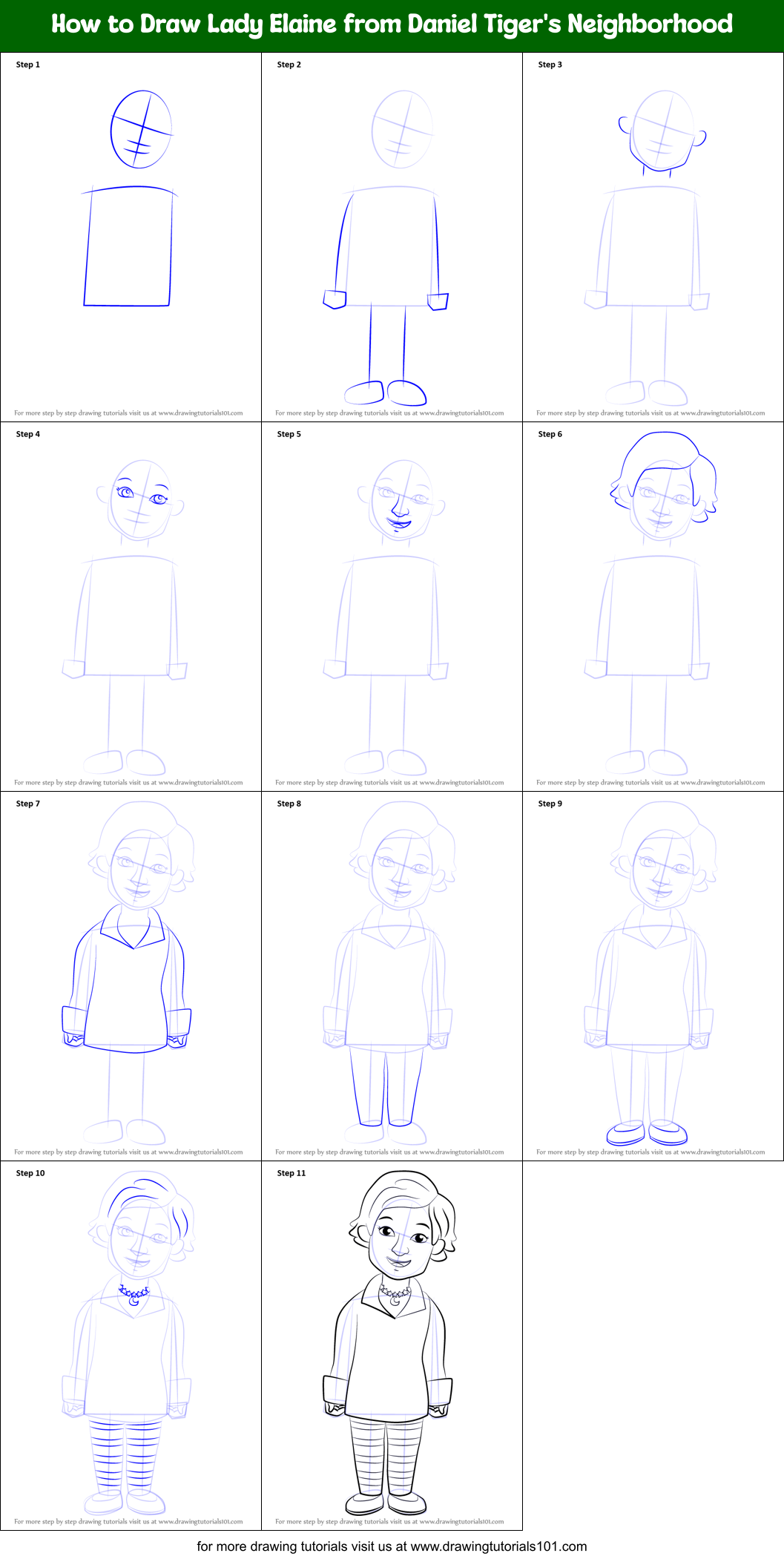 How to Draw Lady Elaine from Daniel Tiger's Neighborhood Printable Step by Step
