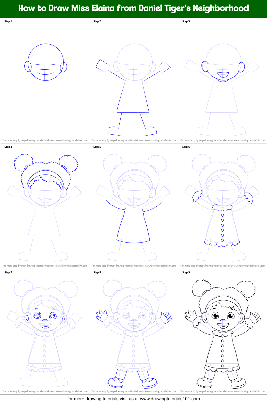 How to Draw Miss Elaina from Daniel Tiger's Neighborhood Printable Step by Step
