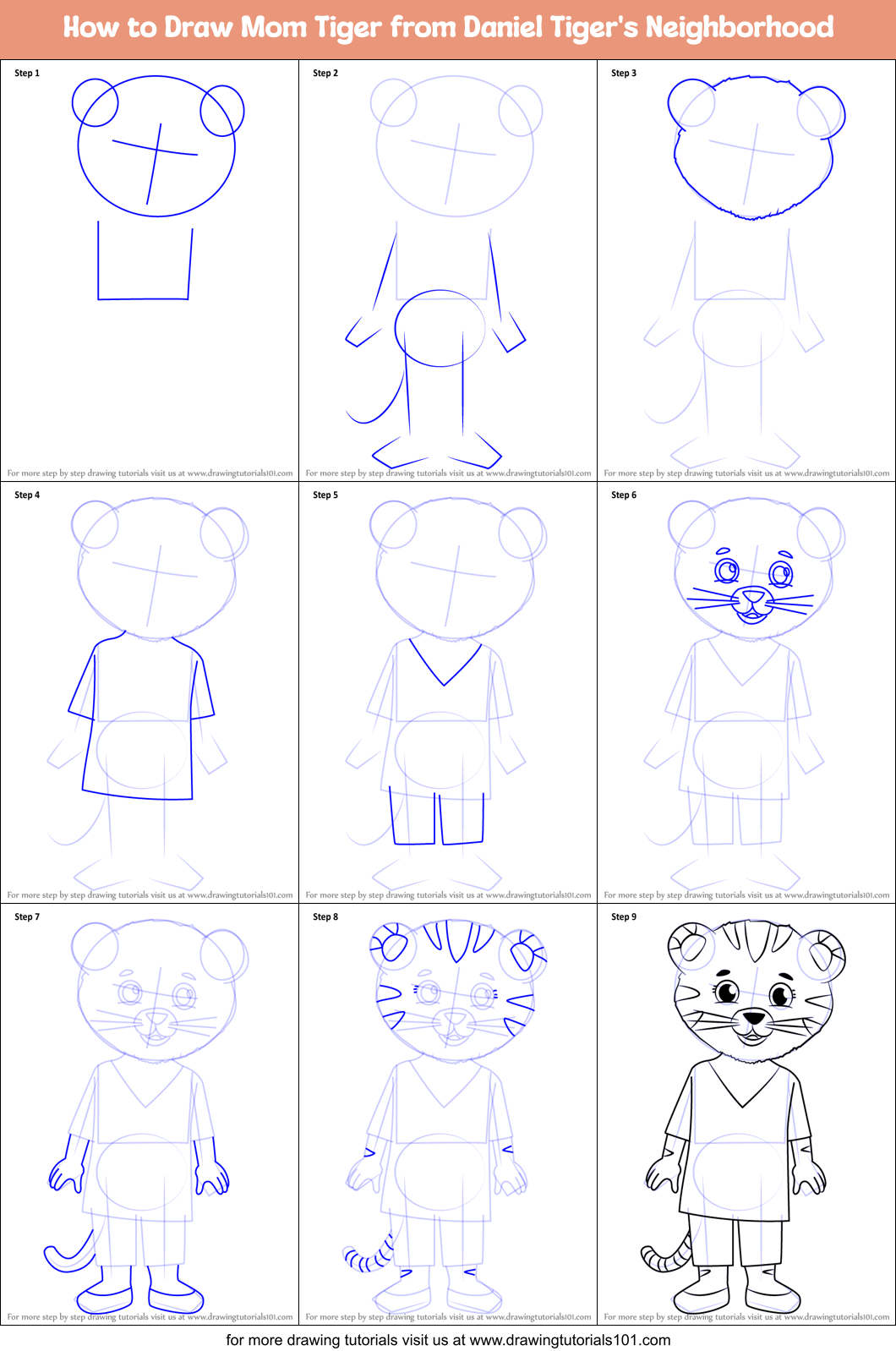 How to Draw Mom Tiger from Daniel Tiger's Neighborhood Printable Step by Step