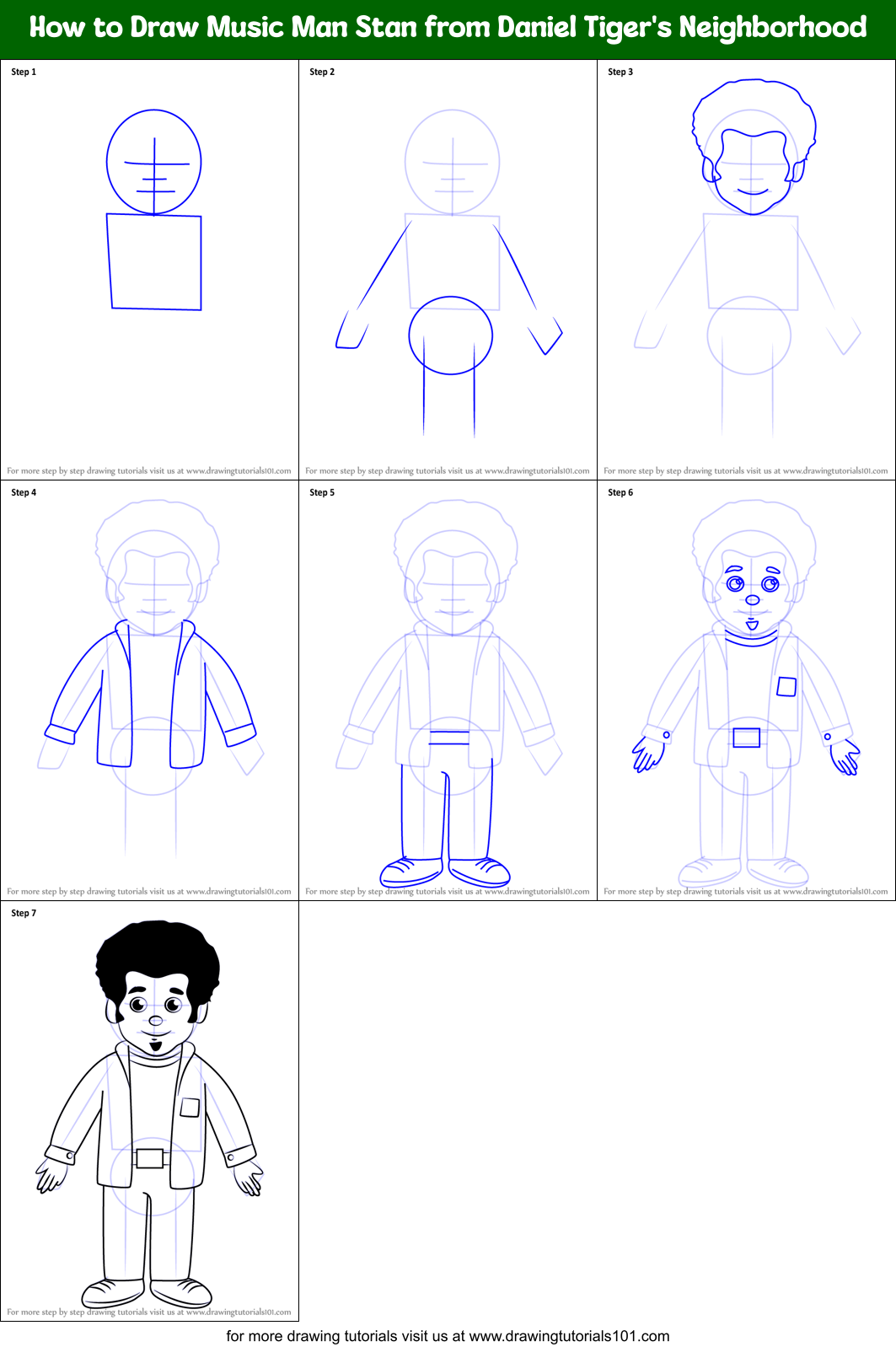 How to Draw Music Man Stan from Daniel Tiger's Neighborhood Printable Step by Step