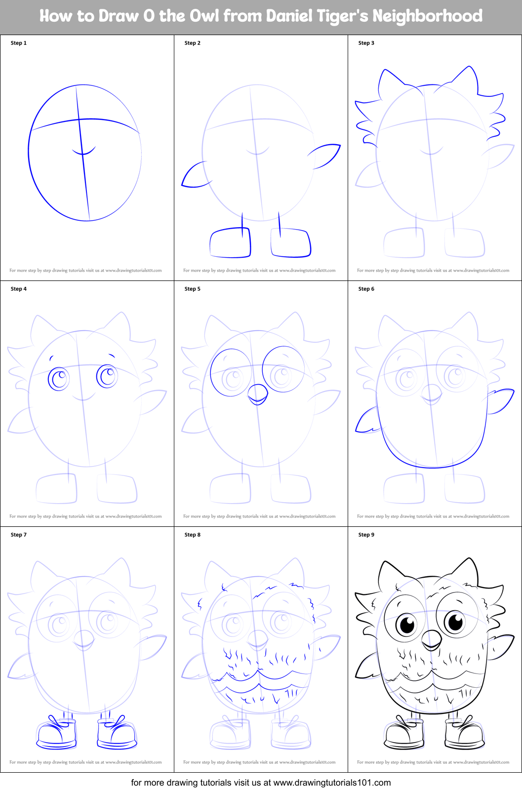 How to Draw O the Owl from Daniel Tiger's Neighborhood Printable Step by Step
