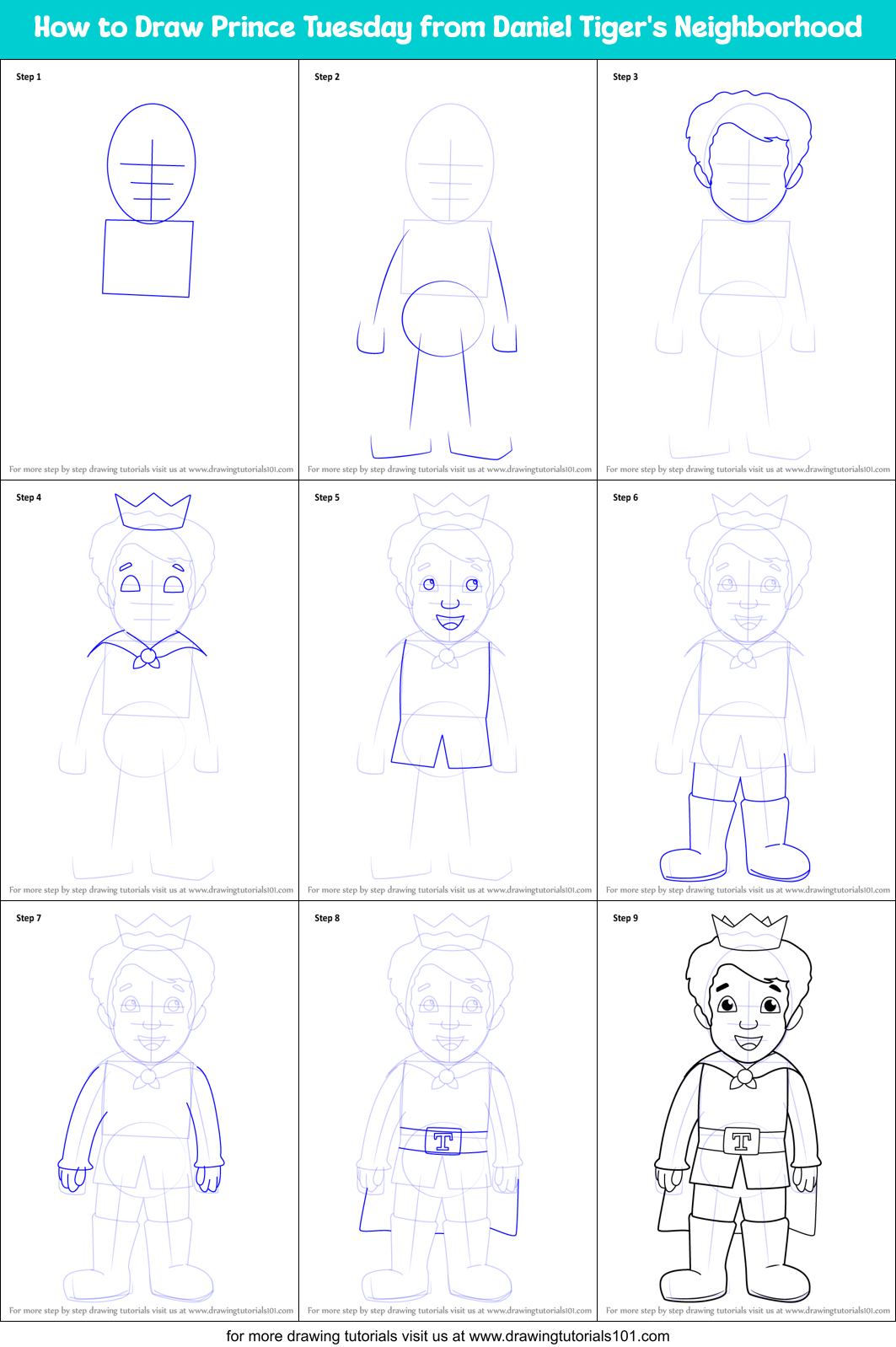 How to Draw Prince Tuesday from Daniel Tiger's Neighborhood Printable Step by Step