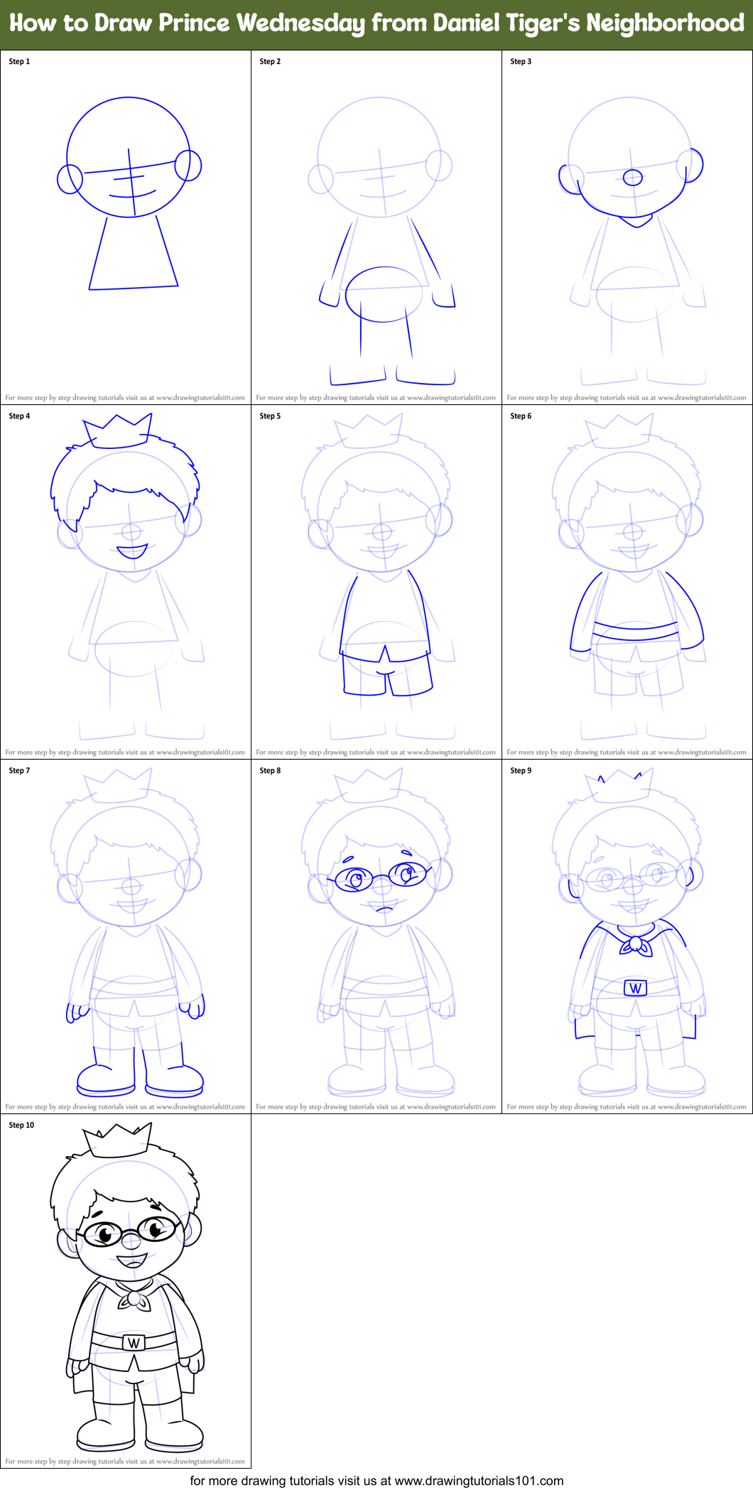 How to Draw Prince Wednesday from Daniel Tiger's Neighborhood Printable Step by Step