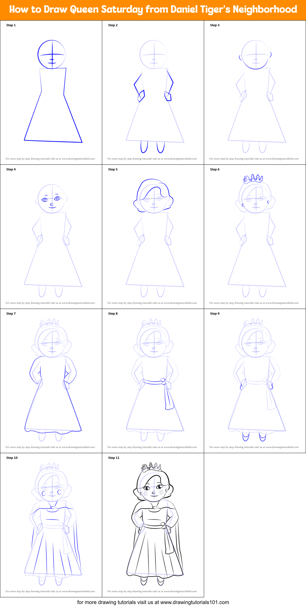 How to Draw Queen Saturday from Daniel Tiger's Neighborhood Printable Step by Step