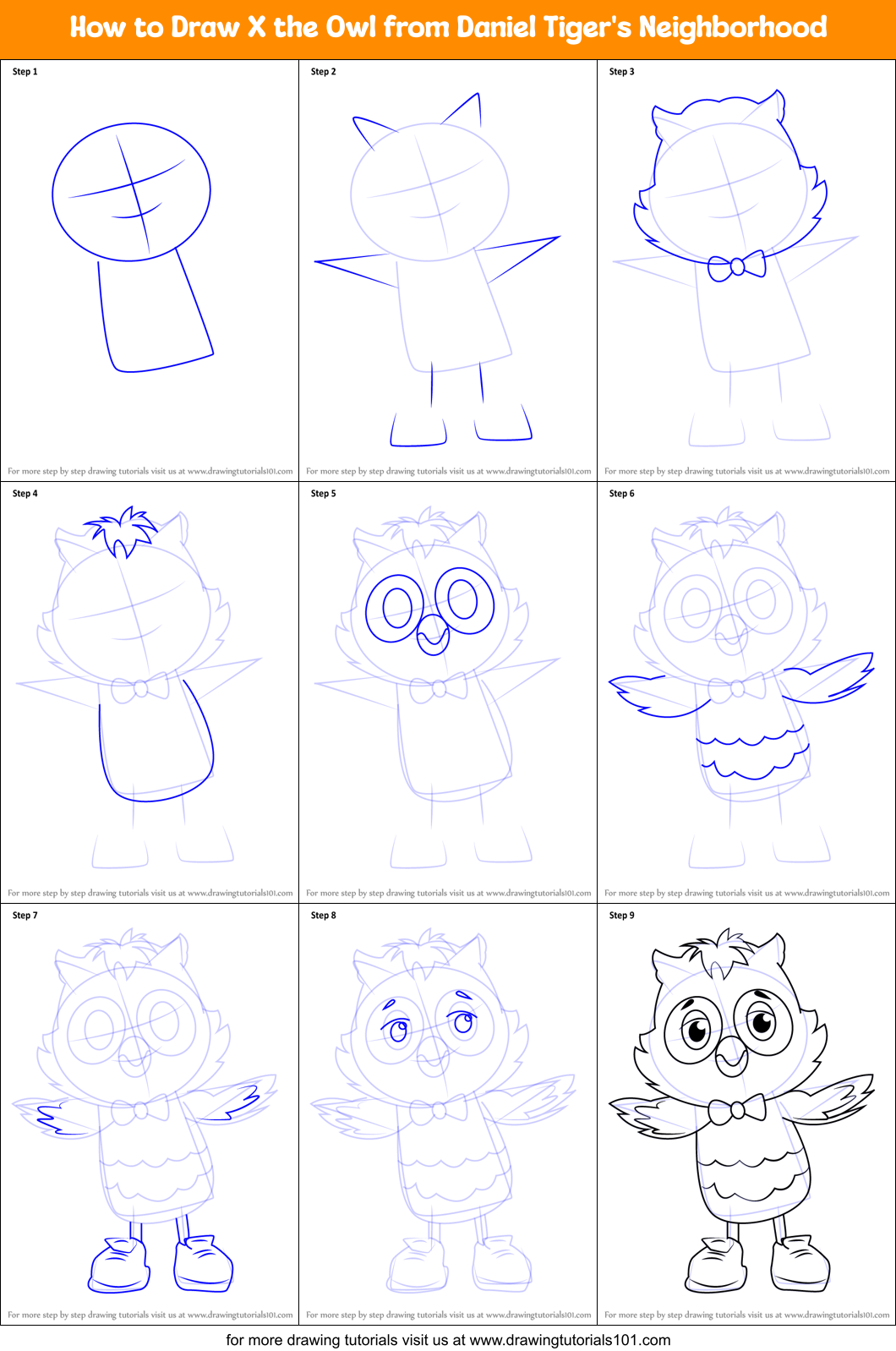 How to Draw X the Owl from Daniel Tiger's Neighborhood Printable Step by Step