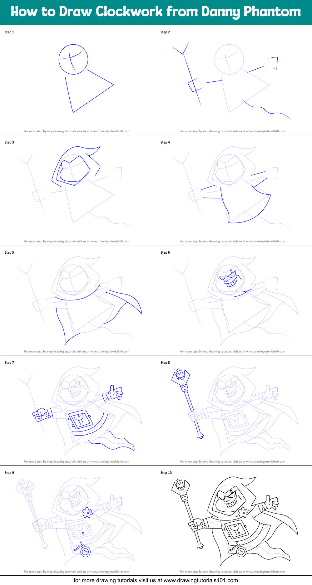 How to Draw Clockwork from Danny Phantom Printable Step by Step