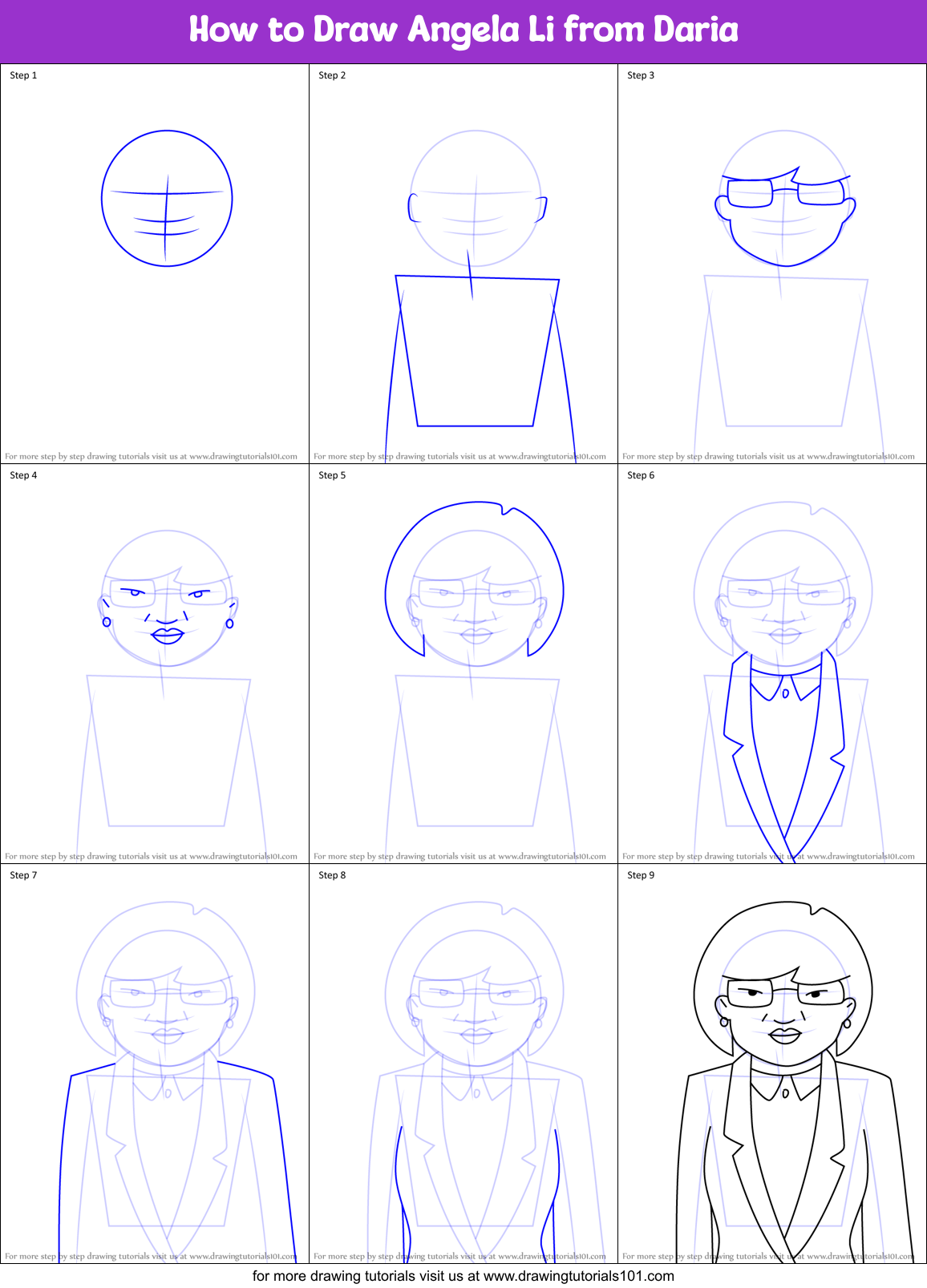 How to Draw Angela Li from Daria Printable Step by Step