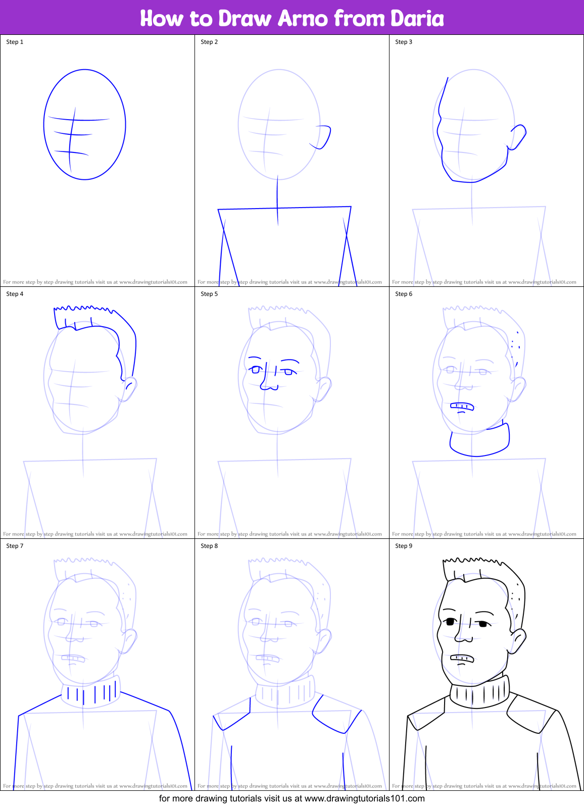 How to Draw Arno from Daria Printable Step by Step
