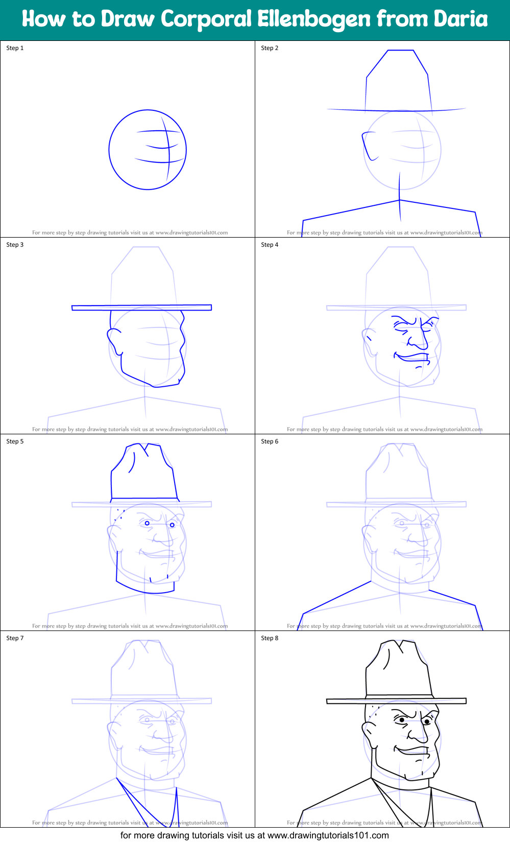 How to Draw Corporal Ellenbogen from Daria Printable Step by Step
