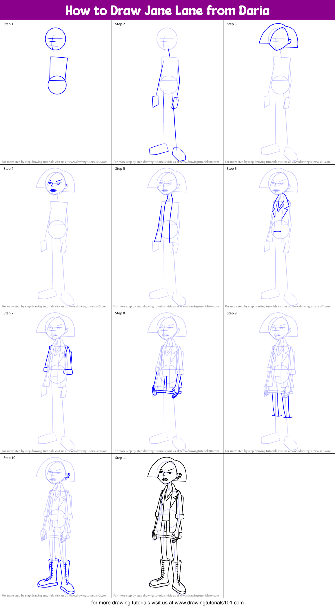 How to Draw Jane Lane from Daria Printable Step by Step