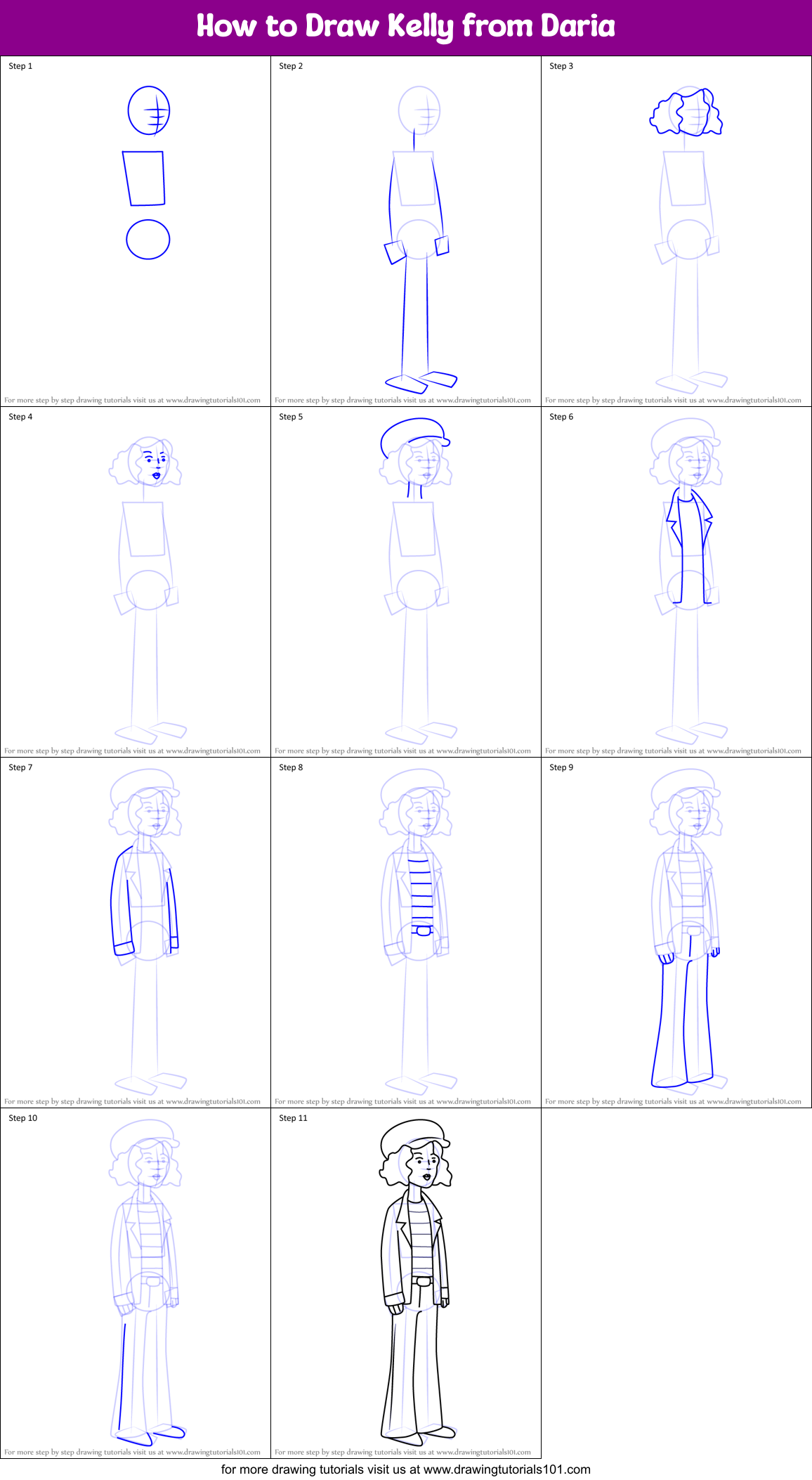 How to Draw Kelly from Daria Printable Step by Step