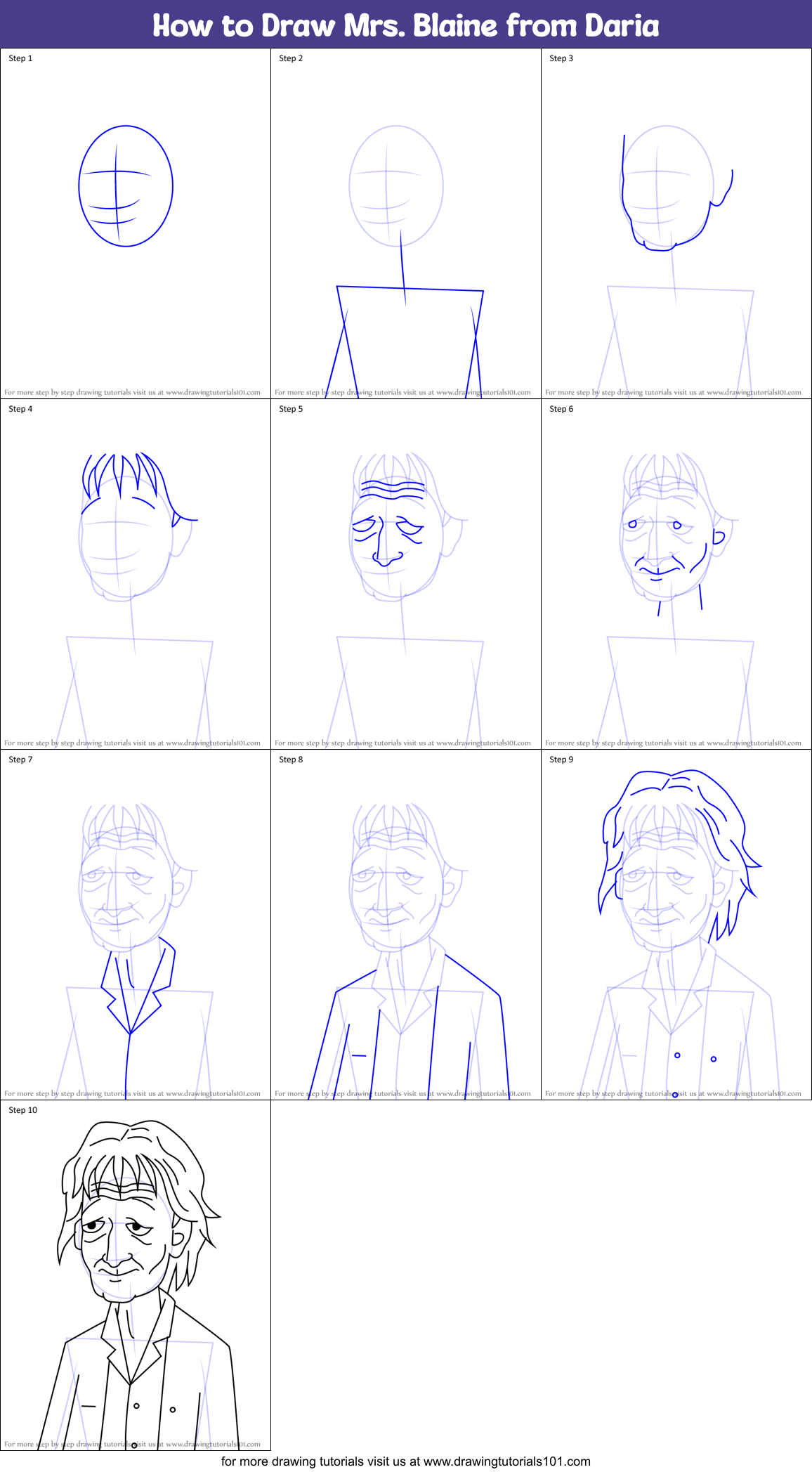 How to Draw Mrs. Blaine from Daria Printable Step by Step