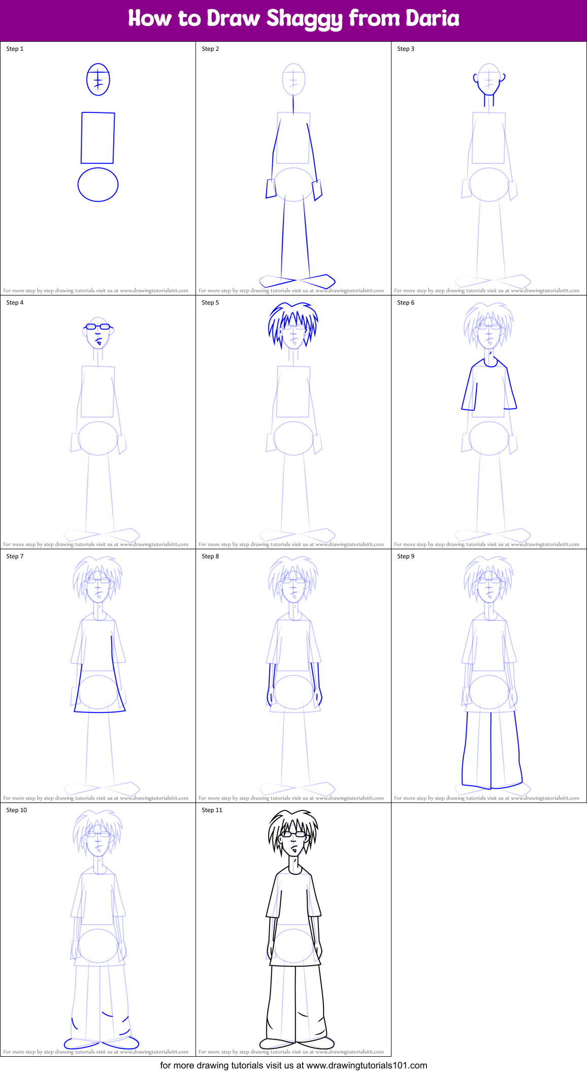 How to Draw Shaggy from Daria Printable Step by Step