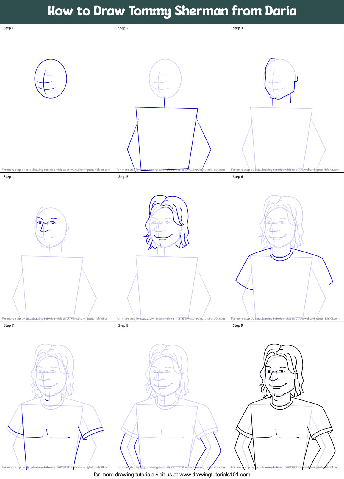 How to Draw Tommy Sherman from Daria Printable Step by Step