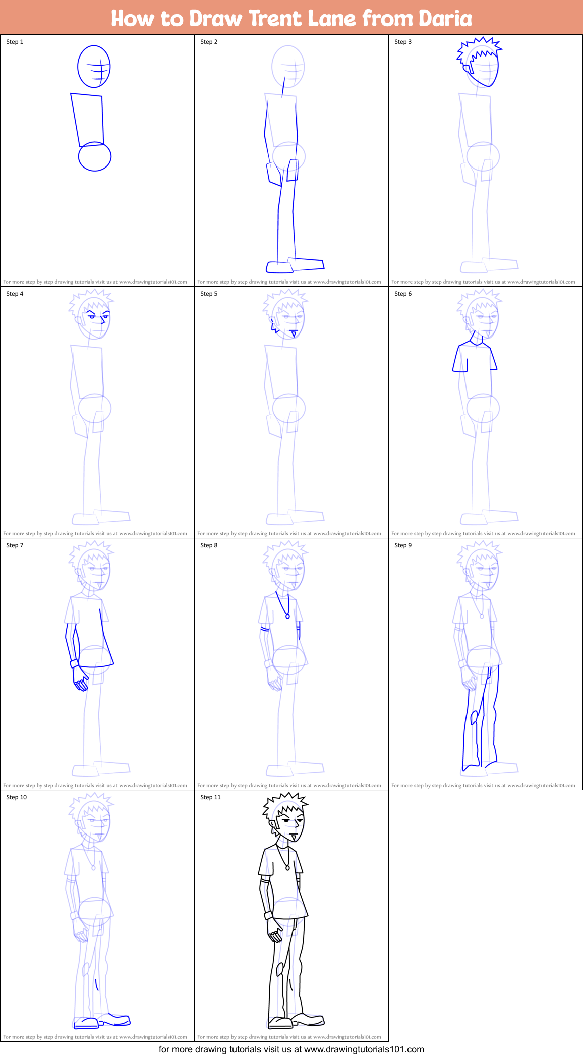 How to Draw Trent Lane from Daria Printable Step by Step