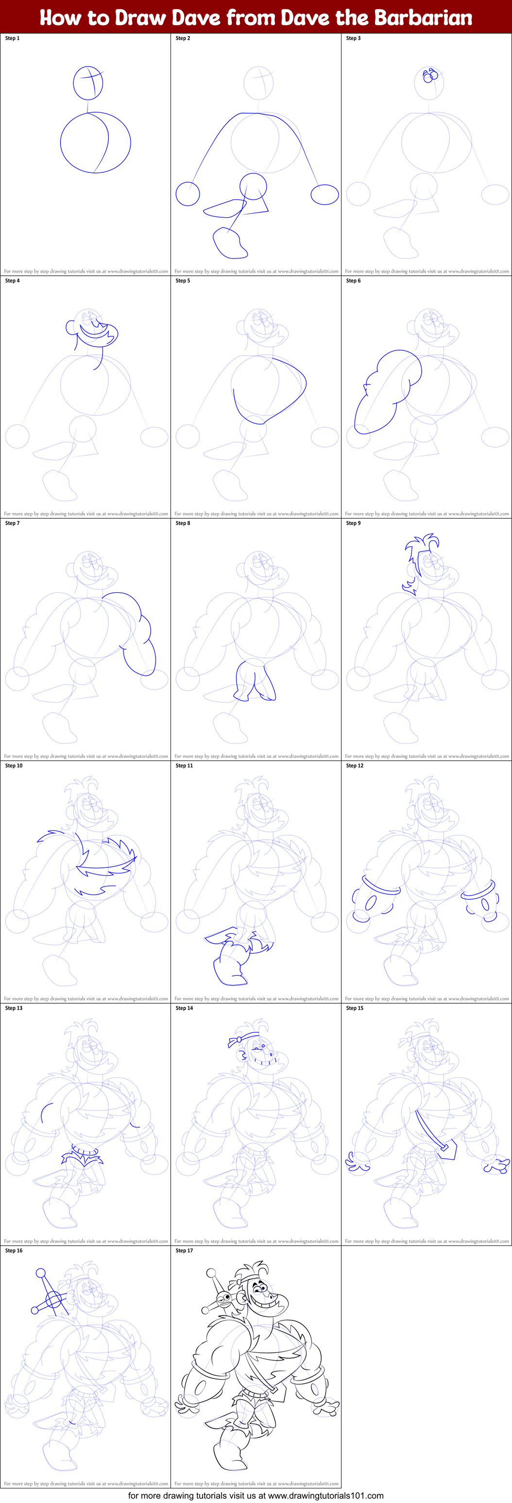 How to Draw Dave from Dave the Barbarian Printable Step by Step