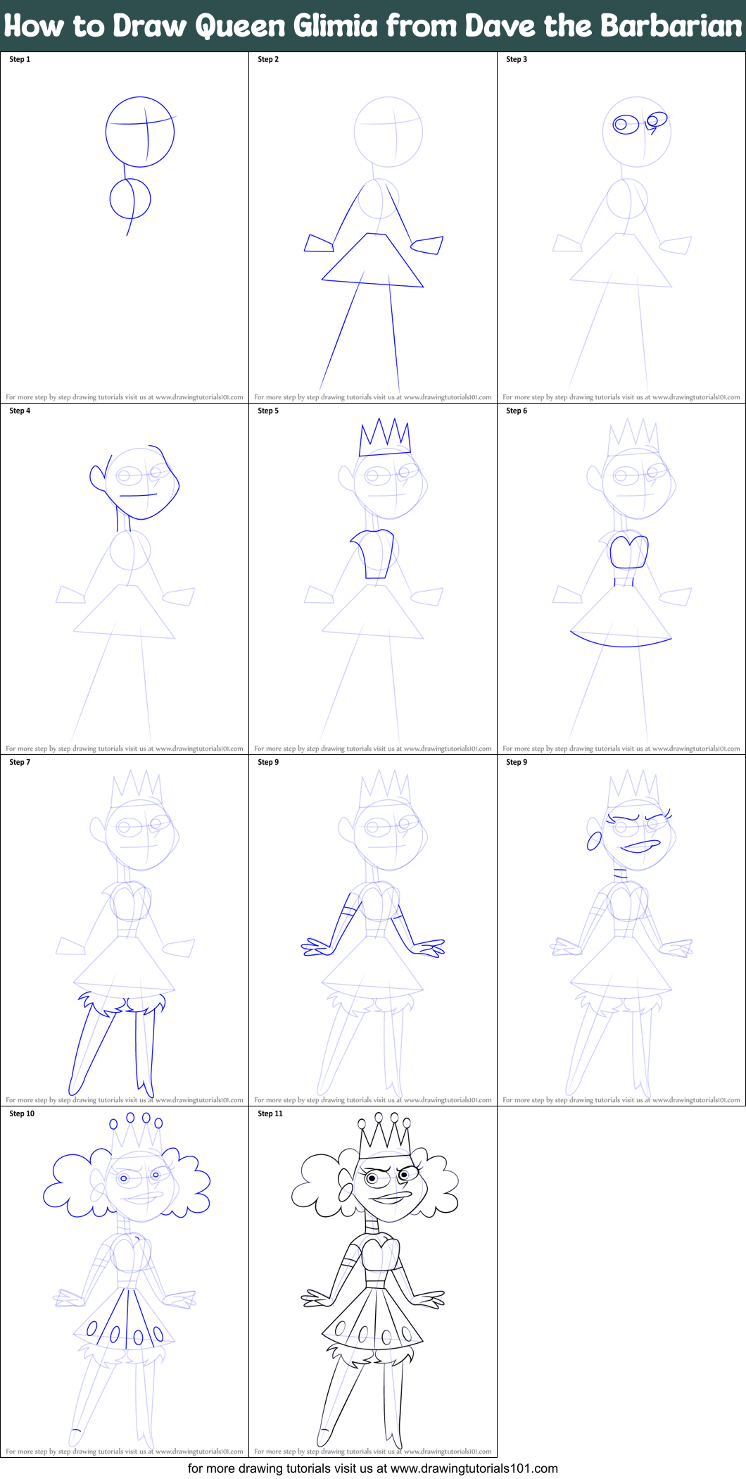 How to Draw Queen Glimia from Dave the Barbarian Printable Step by Step