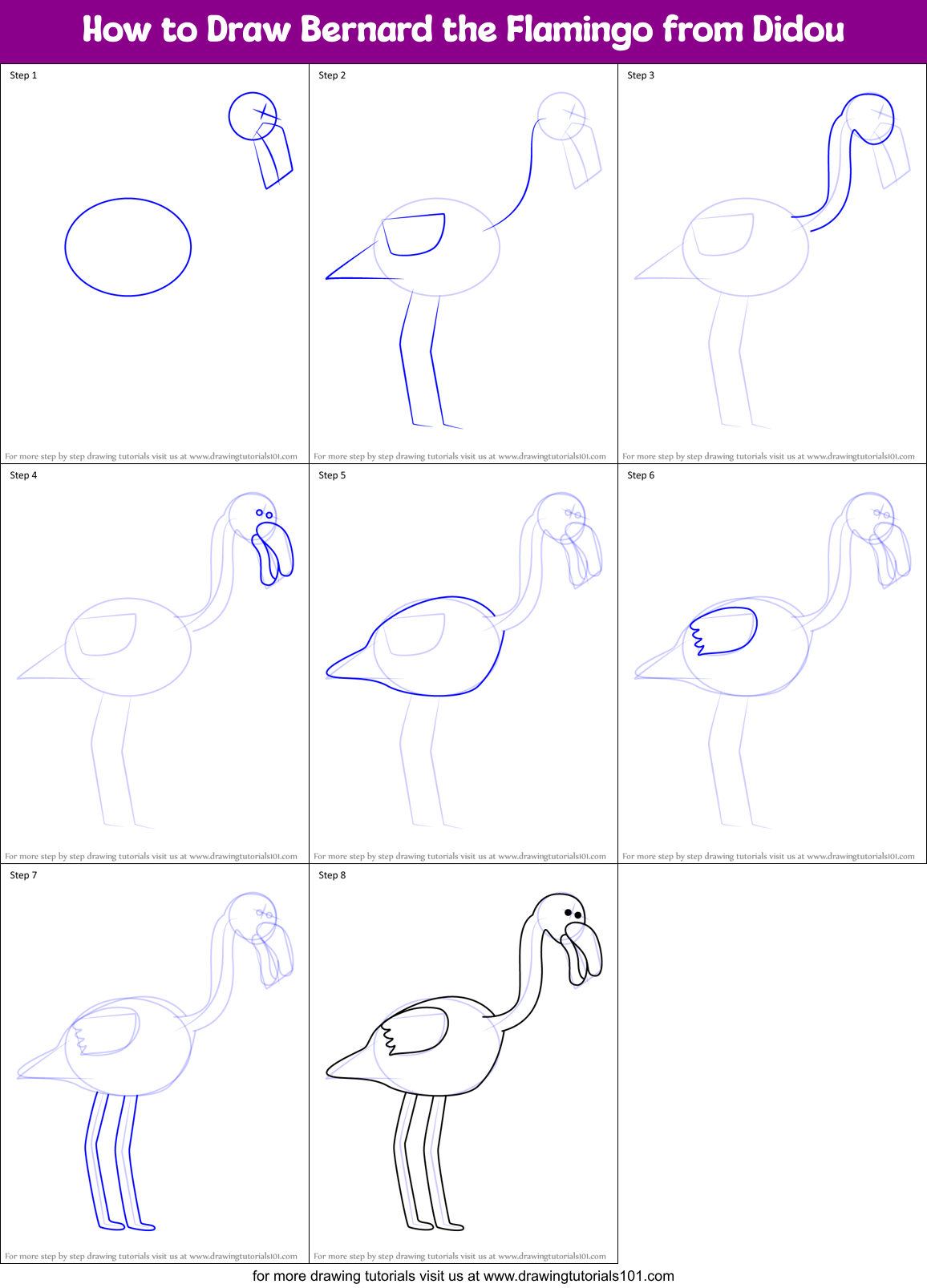 How to Draw Bernard the Flamingo from Didou Printable Step by Step