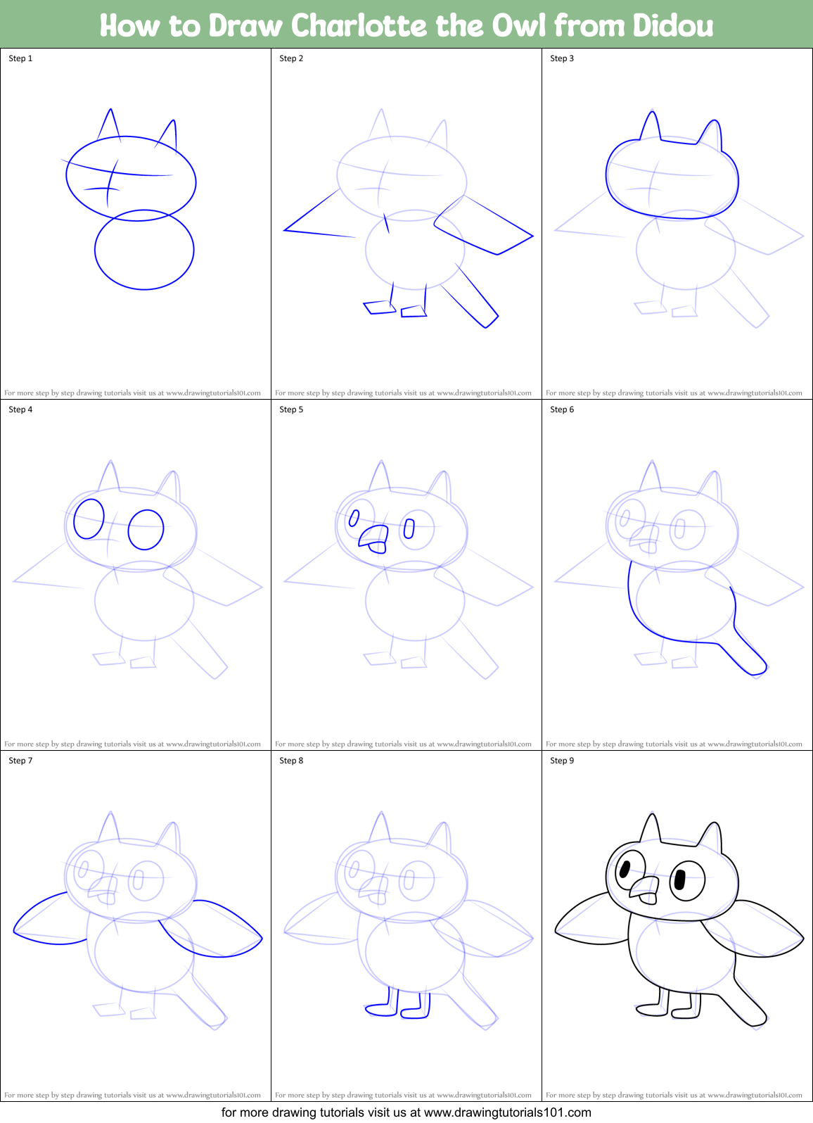 How to Draw Charlotte the Owl from Didou Printable Step by Step